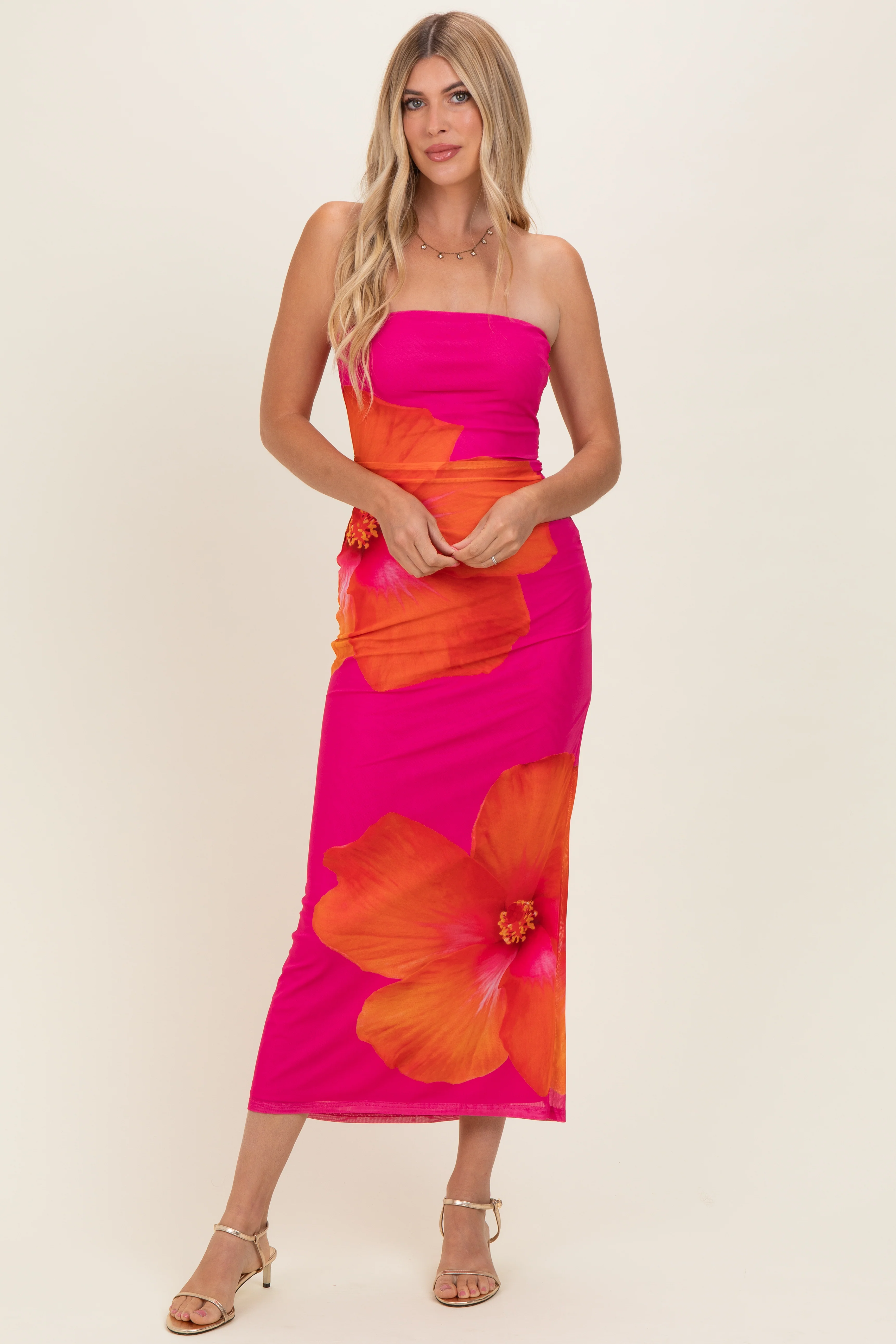 Fuchsia Floral Strapless Maternity Maxi Dress - Image 4