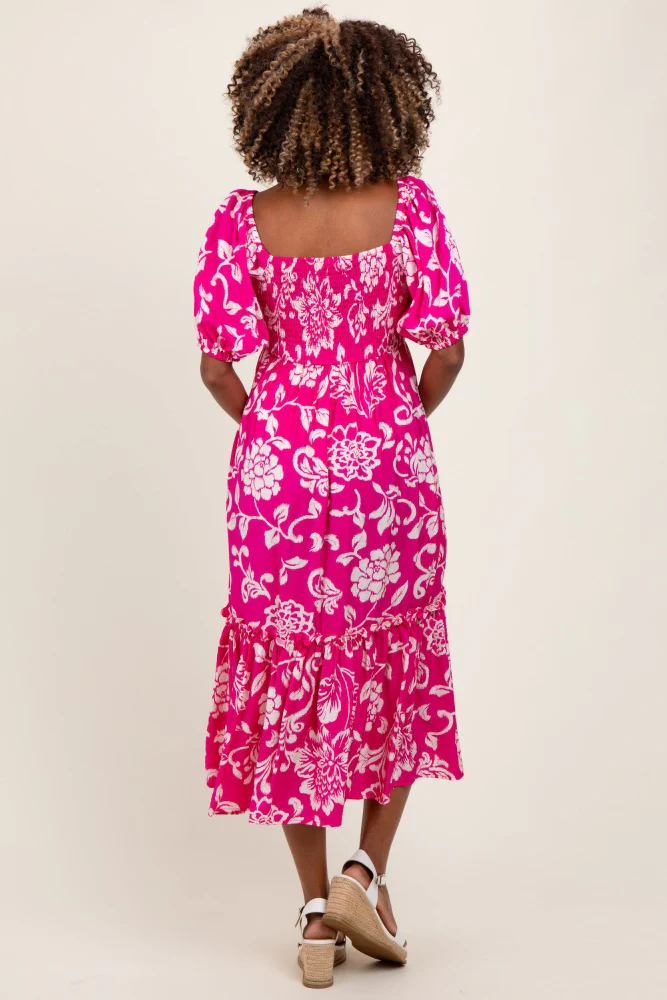 Fuchsia Floral Sweetheart Neckline Maternity Midi Dress - Image 3