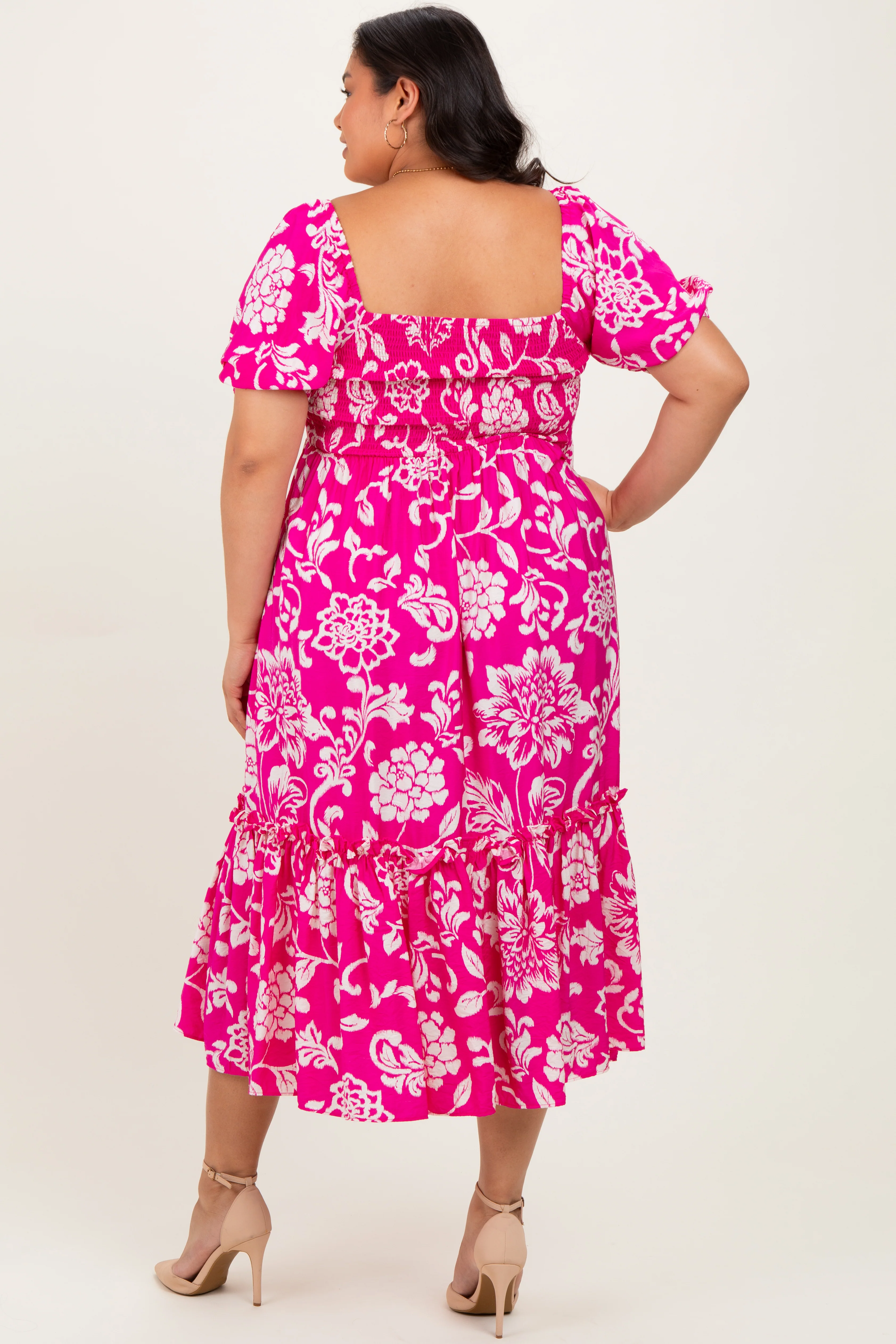 Fuchsia Floral Sweetheart Neckline Plus Midi Dress - Image 4