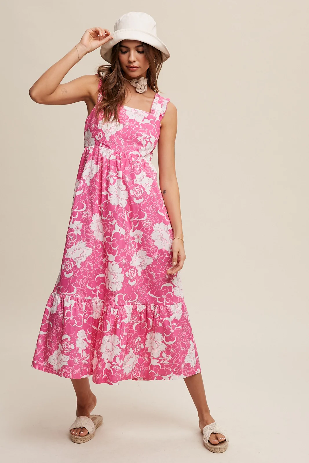 Fuchsia Floral Tiered Sleeveless Maternity Midi Dress - Image 4