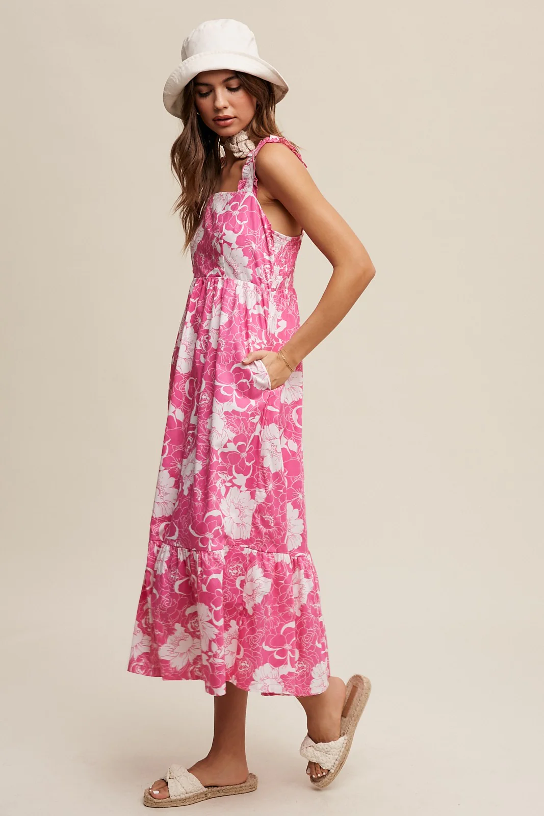 Fuchsia Floral Tiered Sleeveless Midi Dress - Image 3