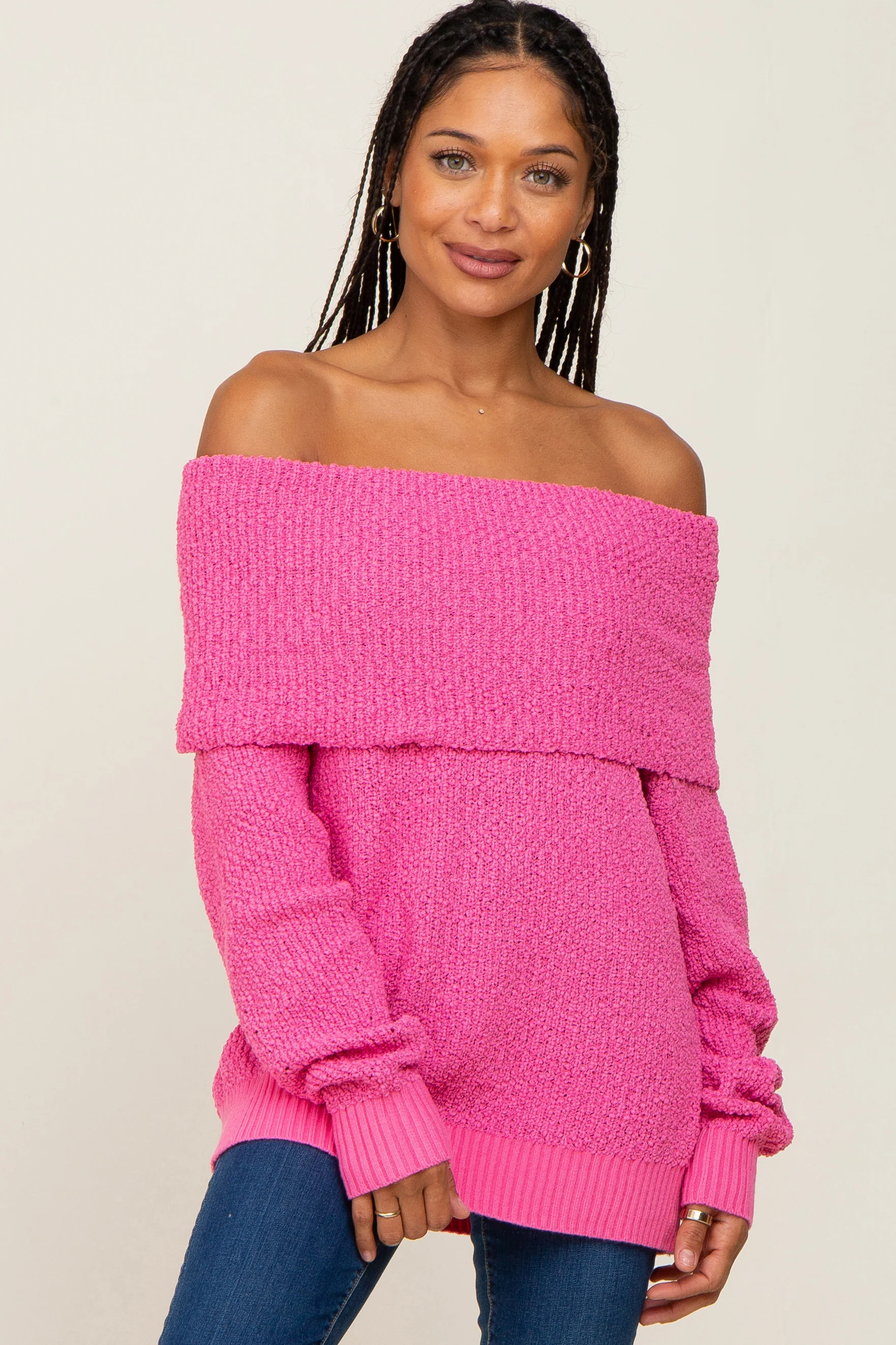 Fuchsia Foldover Off Shoulder Maternity Sweater - Image 9