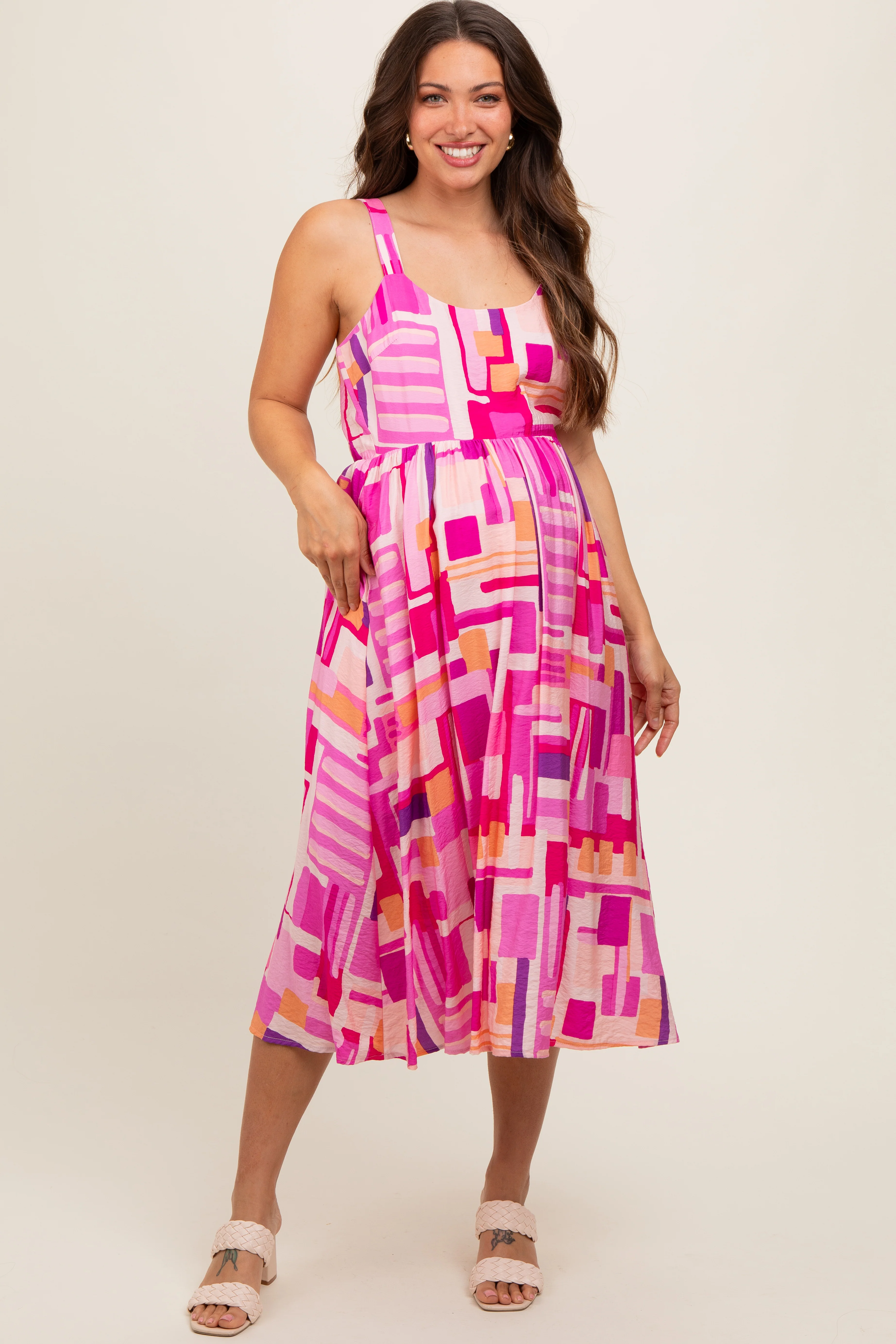 Fuchsia Geo Printed Cut Out Back Detail Maternity Midi Dress - Image 2
