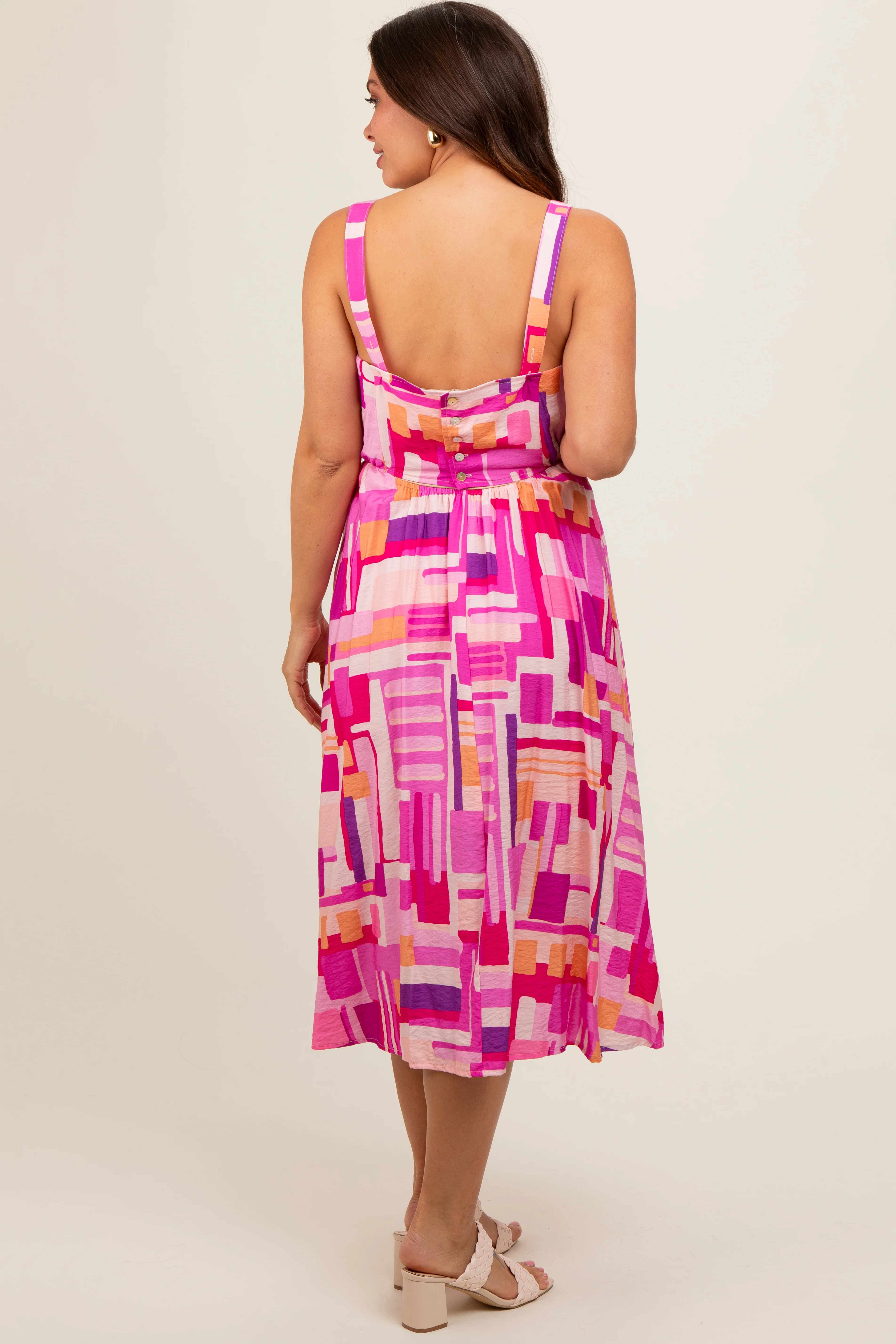 Fuchsia Geo Printed Cut Out Back Detail Maternity Midi Dress - Image 5