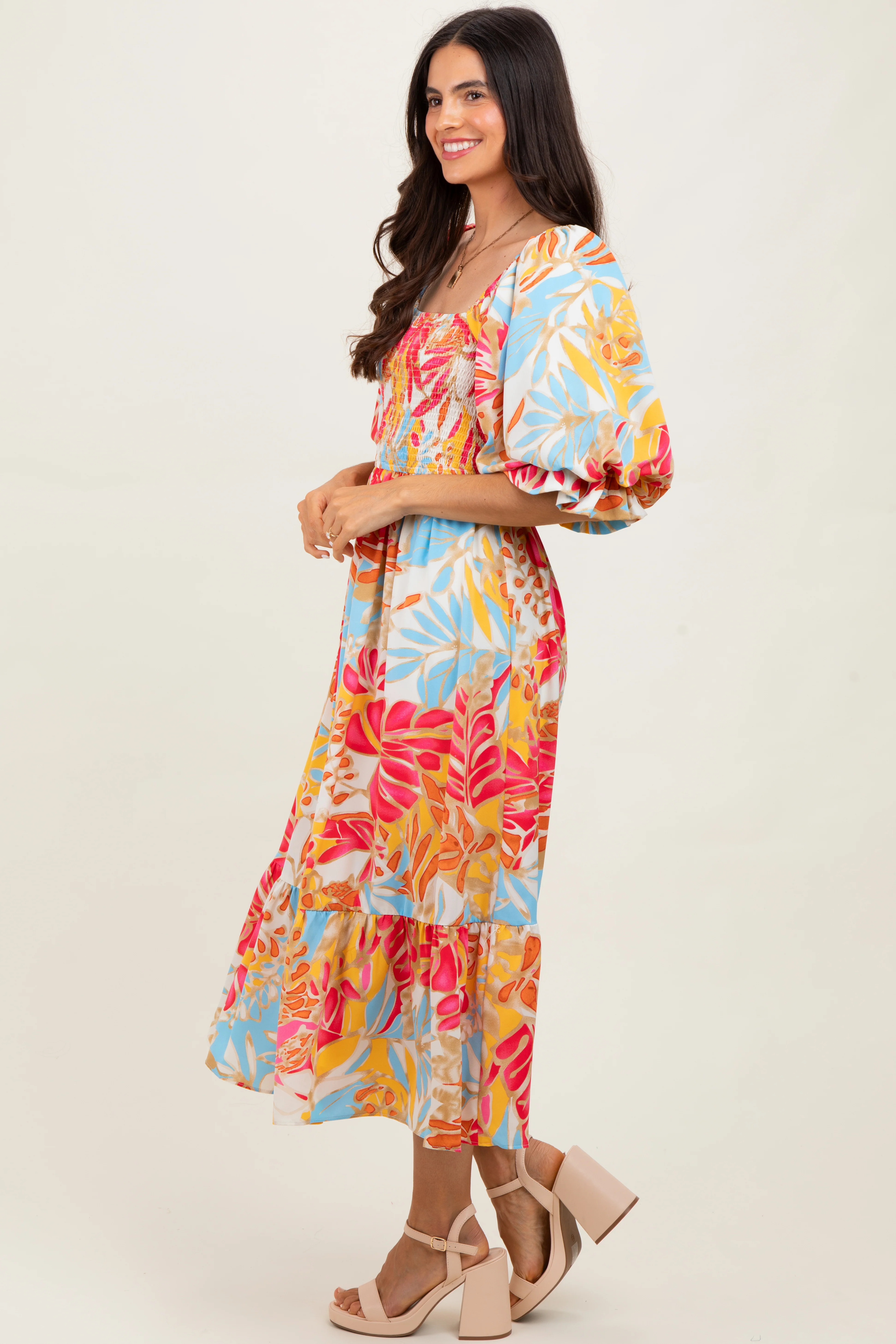 Fuchsia Leaf Print Puff Sleeve Smocked Midi Dress - Image 3