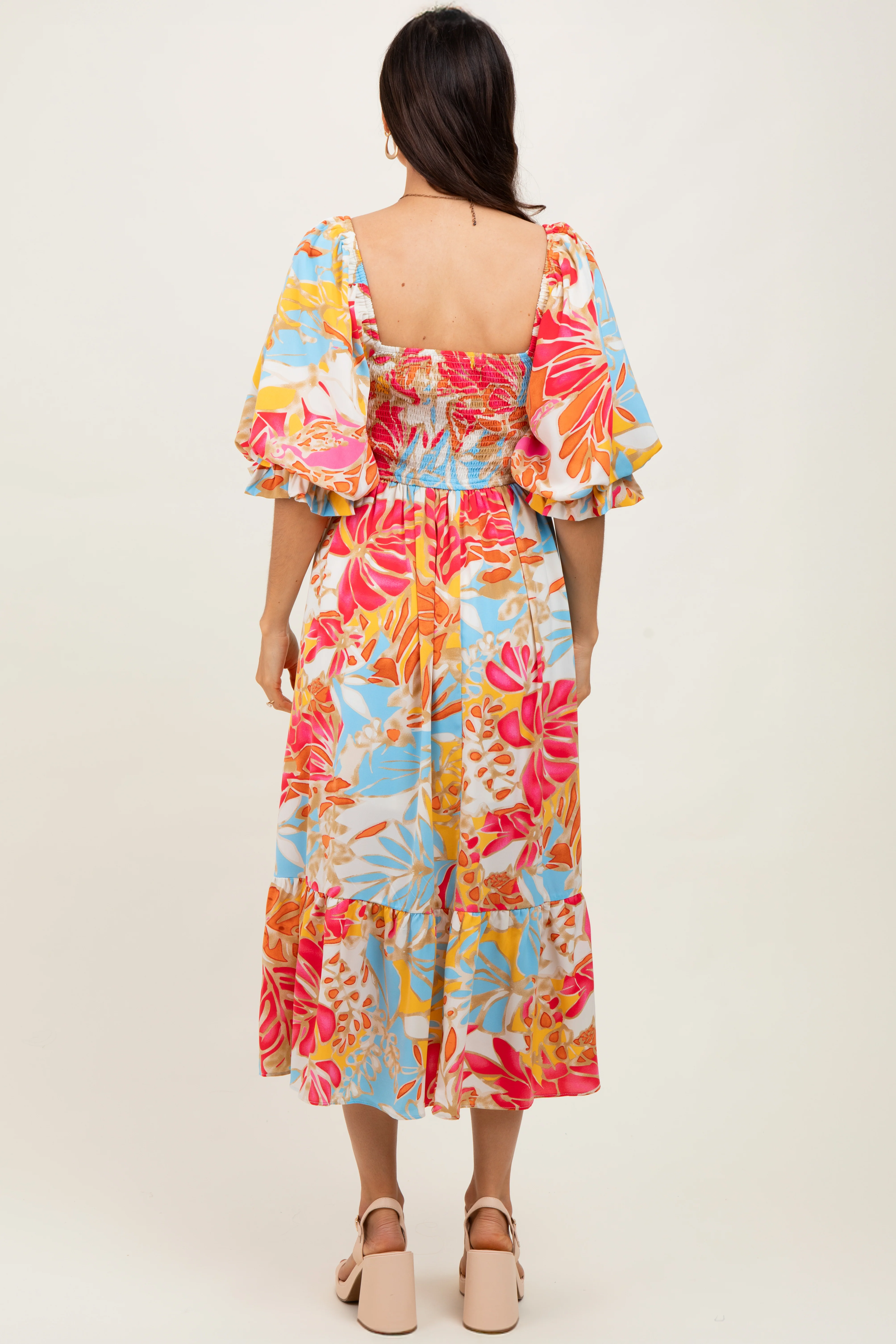 Fuchsia Leaf Print Puff Sleeve Smocked Midi Dress - Image 4