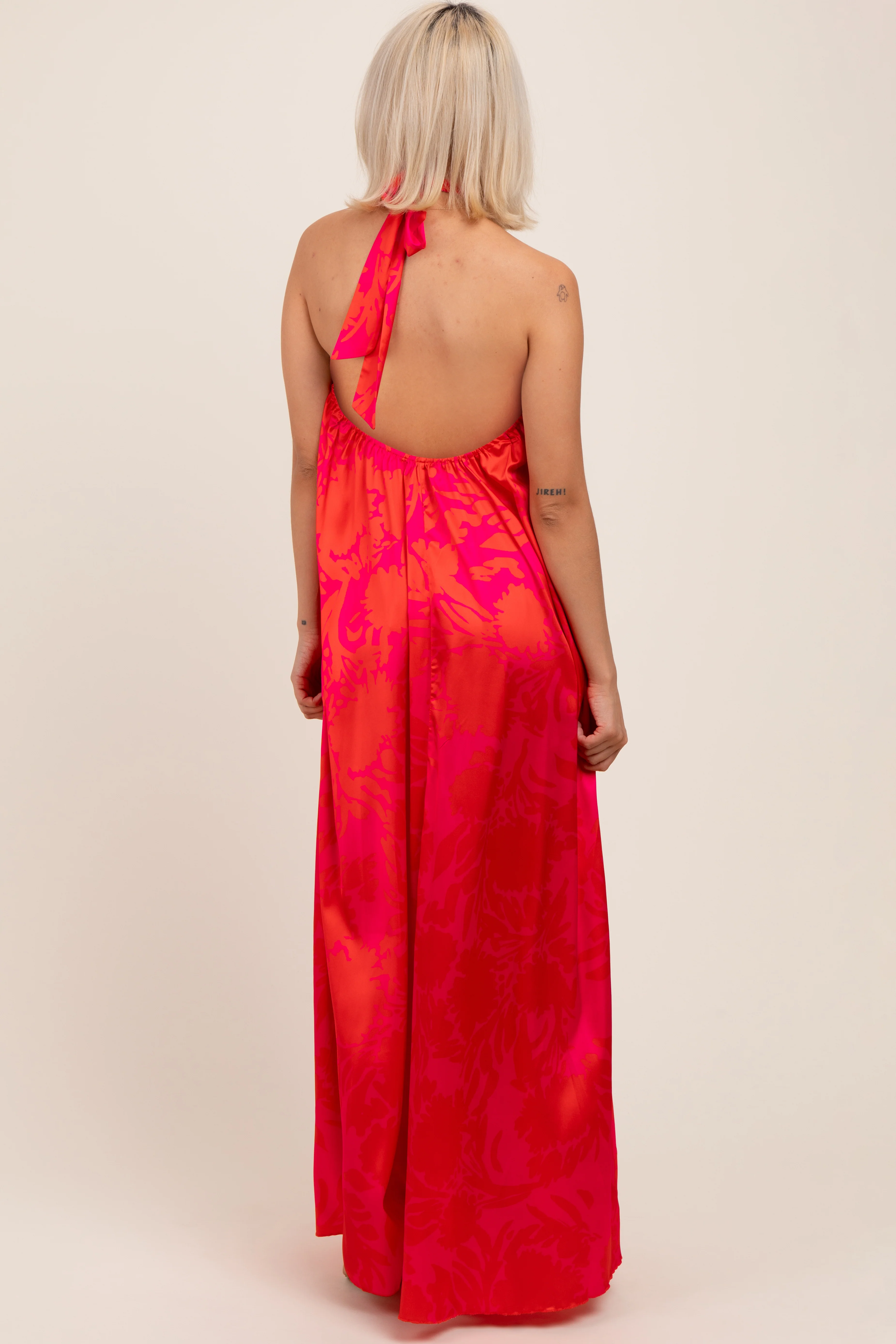Fuchsia Multi Halter Flower Neck Accent Maternity Maxi Dress - Image 4