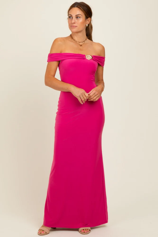 Fuchsia Off Shoulder Seashell Pendant Maternity Maxi Dress - Image 4