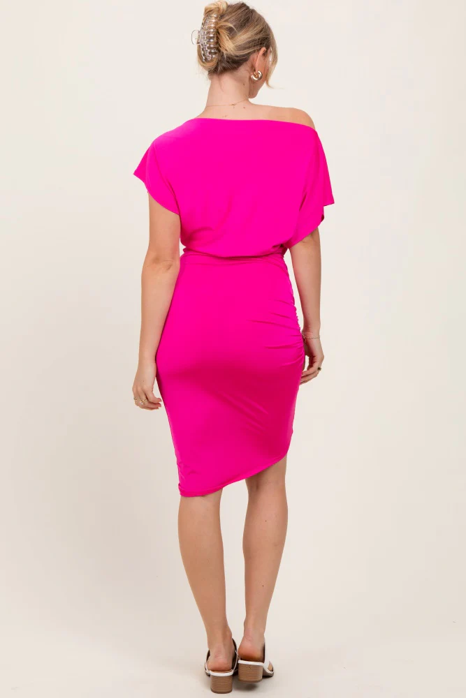 Fuchsia One Shoulder Ruched Dress - Image 4