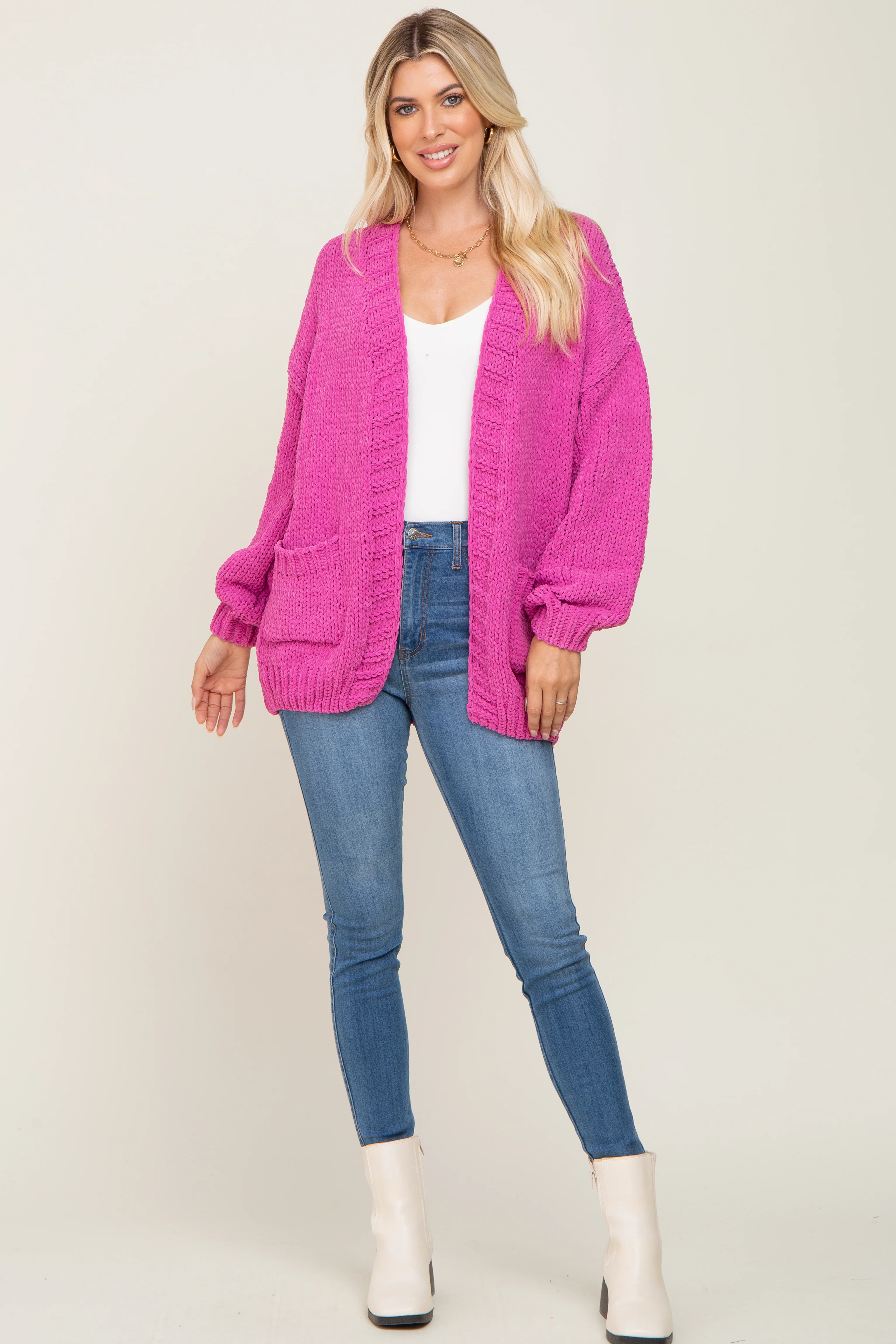 Fuchsia Oversized Bubble Sleeve Cardigan - Image 4