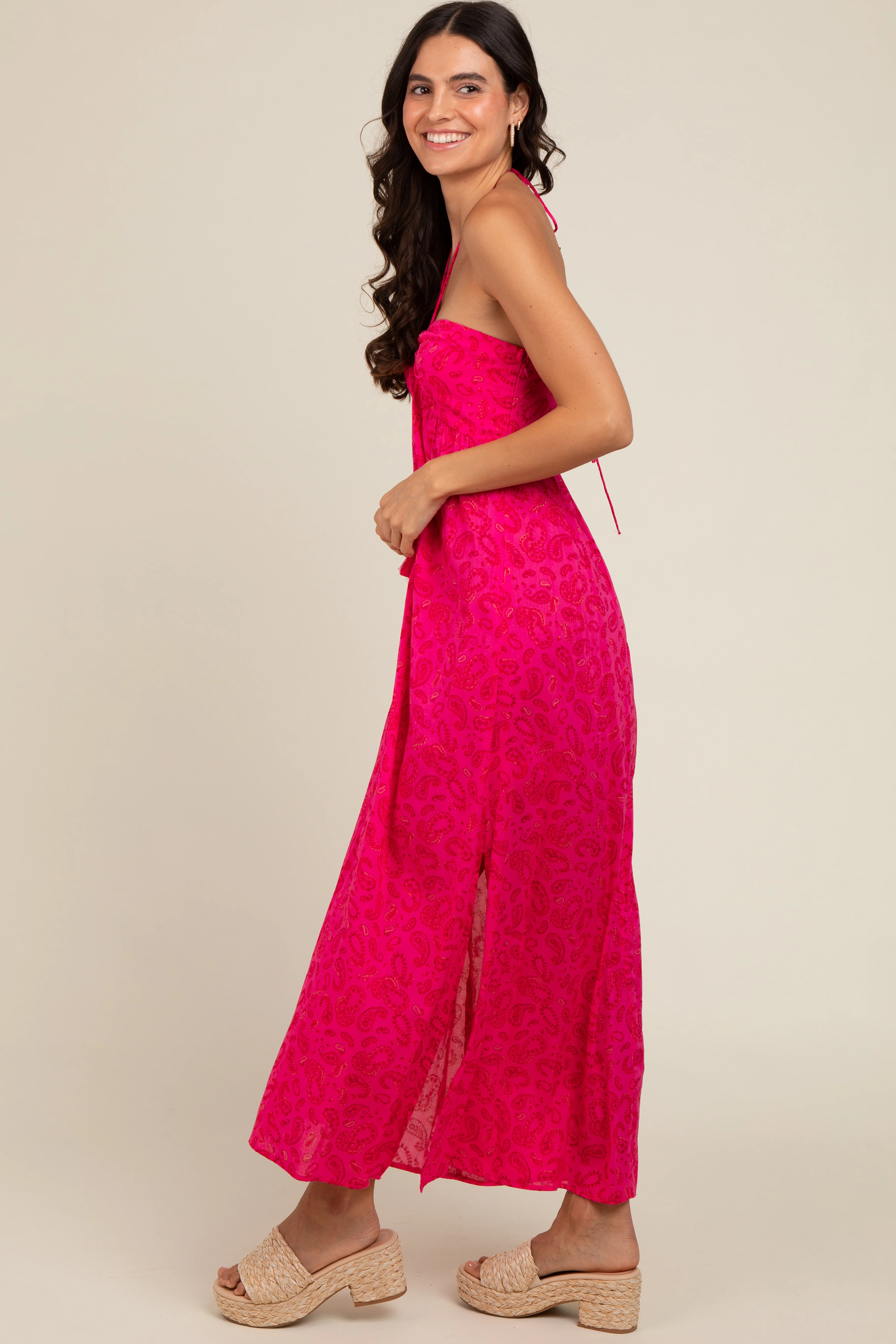 Fuchsia Paisley Print Halter Midi Dress - Image 3