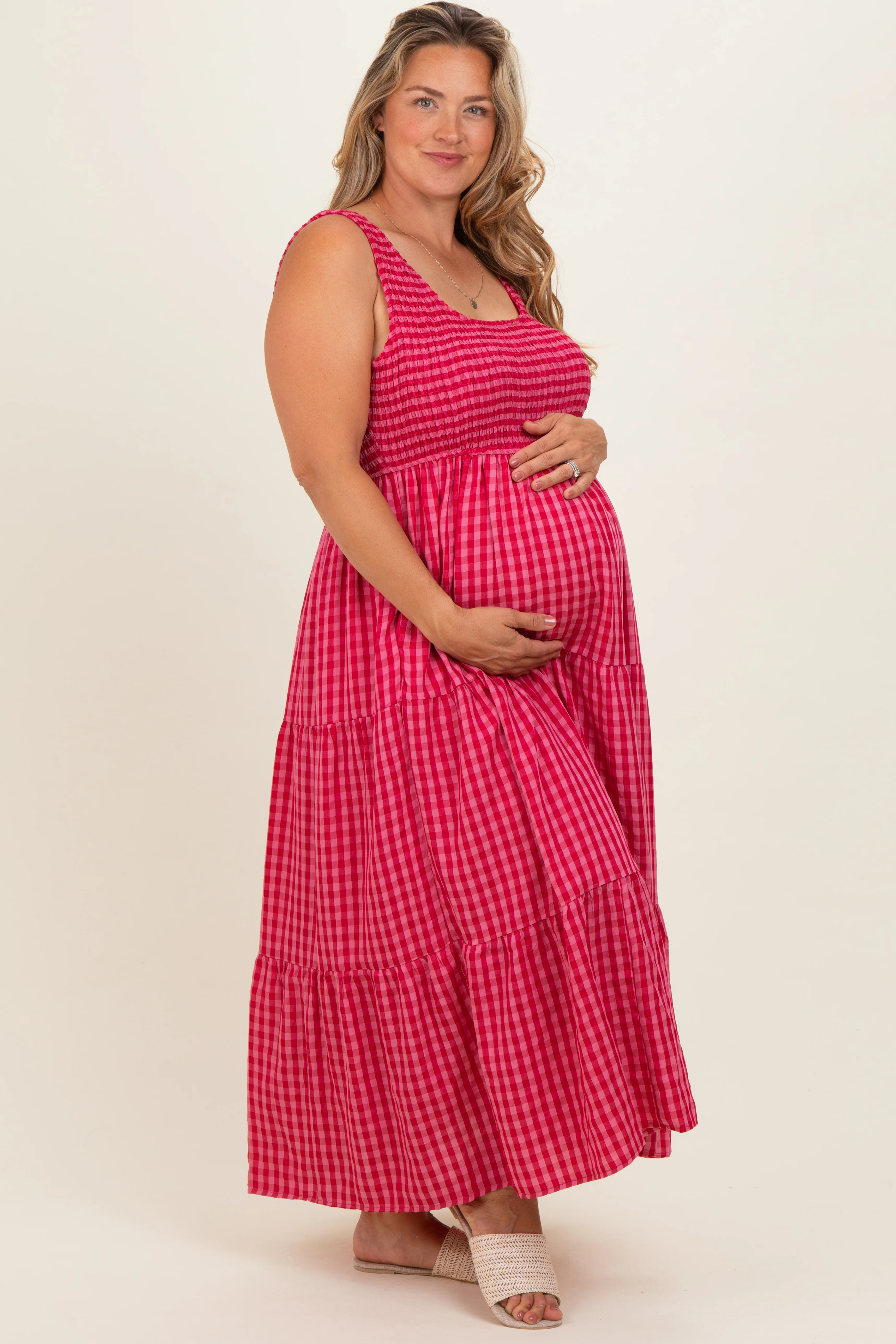 Fuchsia Plaid Tiered Maternity Plus Maxi Dress - Image 3