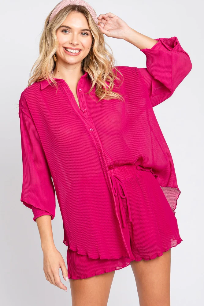 Fuchsia Pleated Long Sleeve Maternity Short Set - Image 6