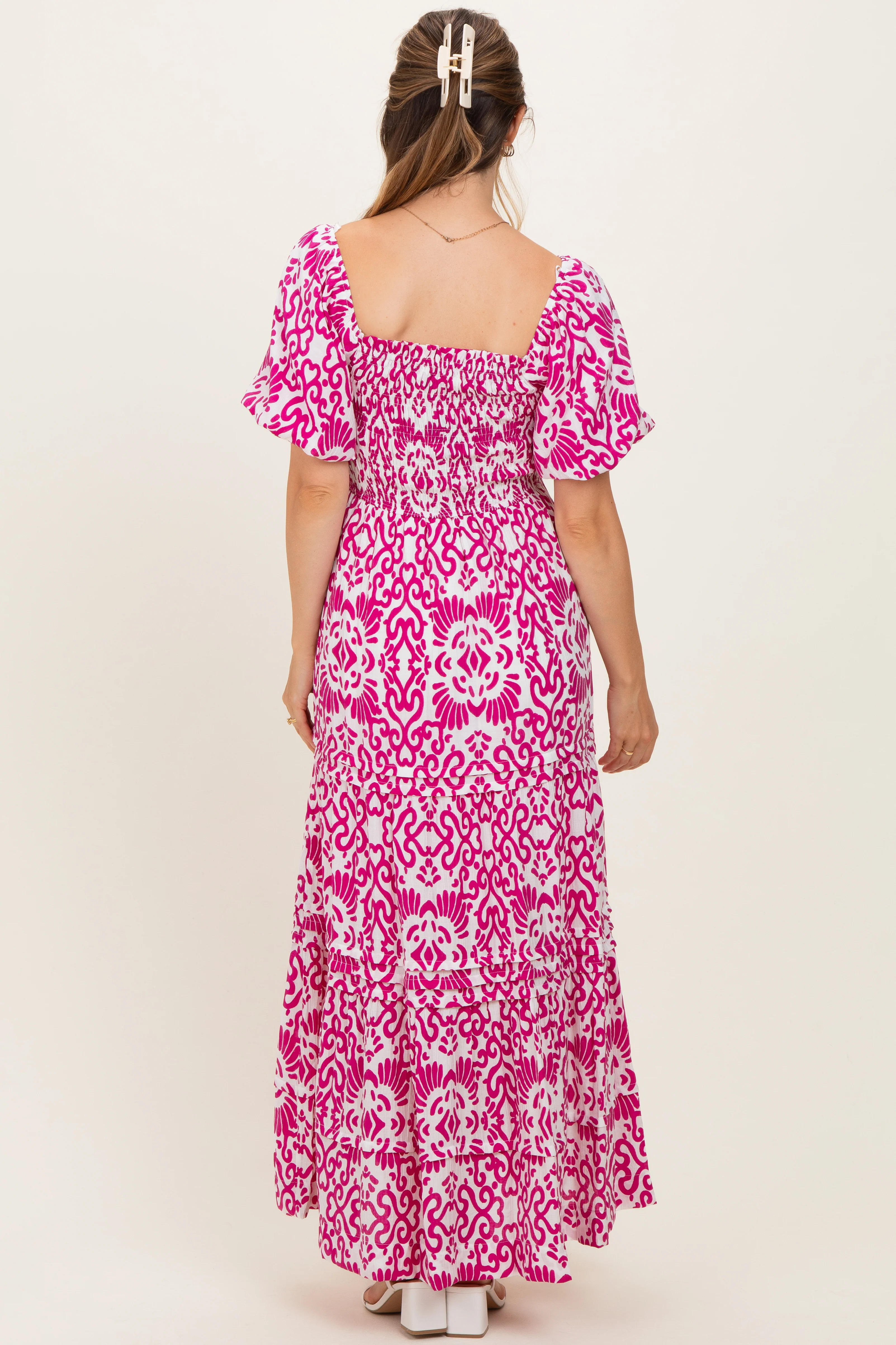 Fuchsia Printed Puff Sleeve Smocked Maternity Maxi Dress - Image 3