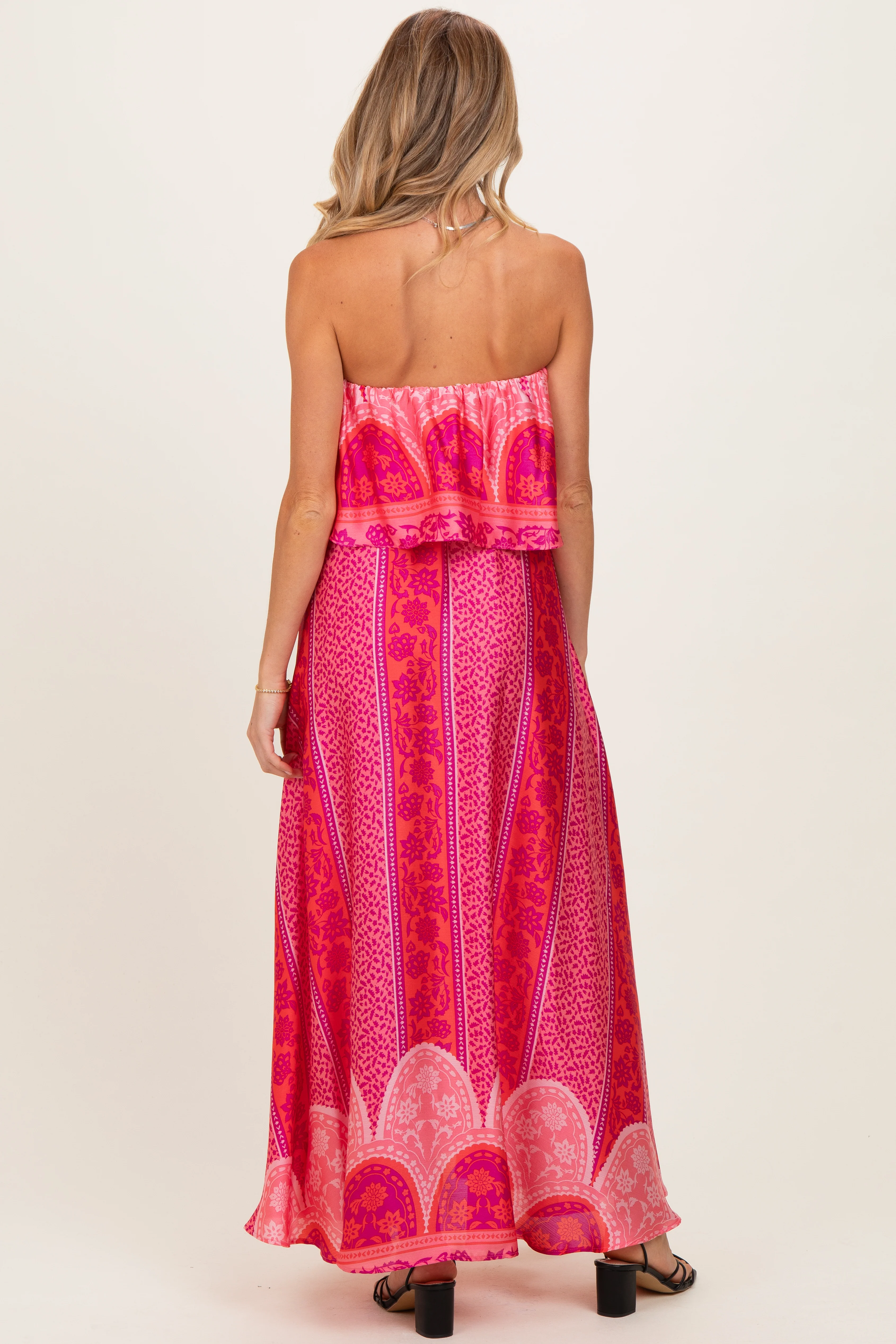 Fuchsia Printed Satin Flounce Strapless Maternity Maxi Dress - Image 3