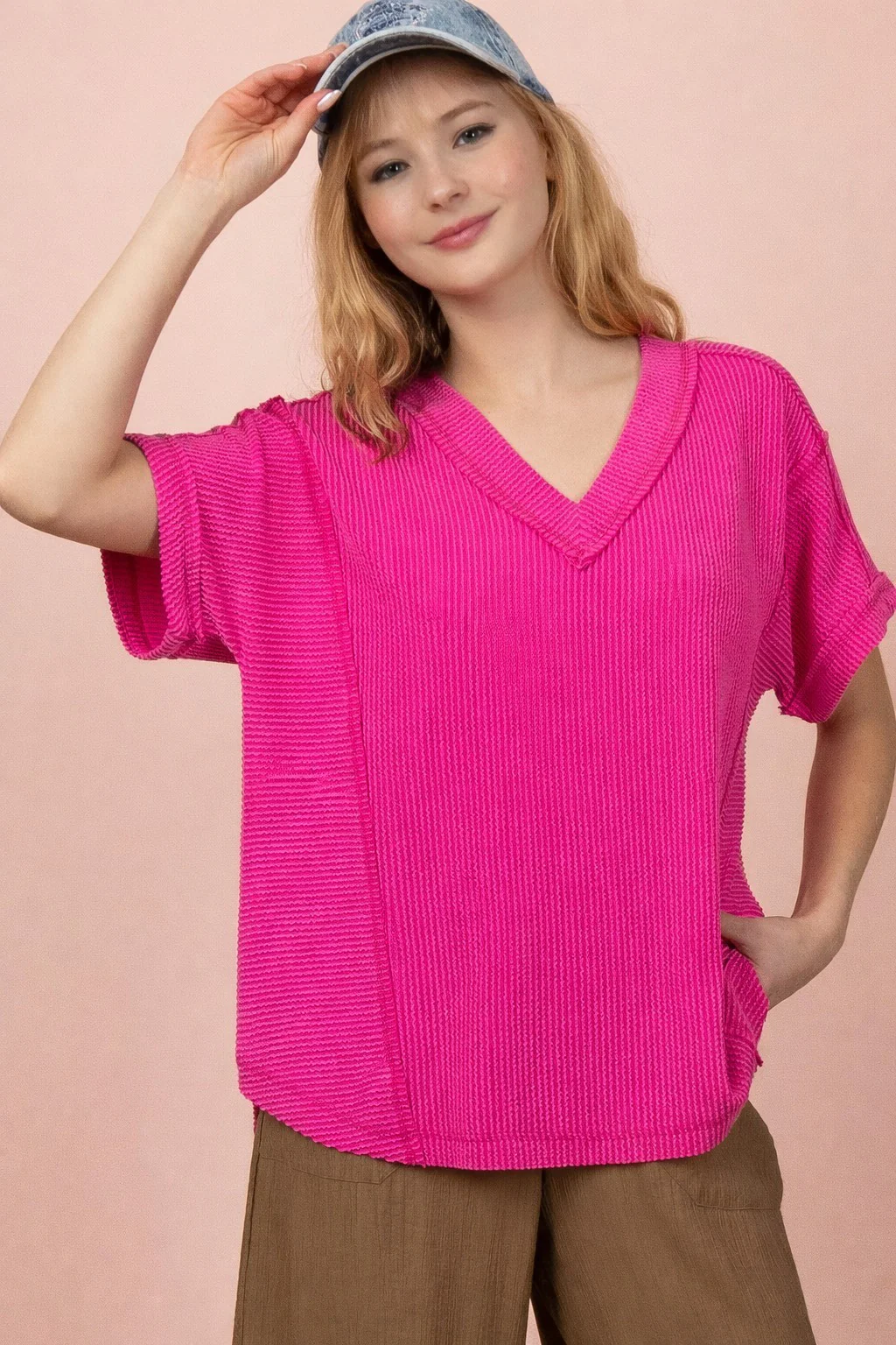 Fuchsia Ribbed Raw Hem Maternity Short Sleeve Top - Image 5