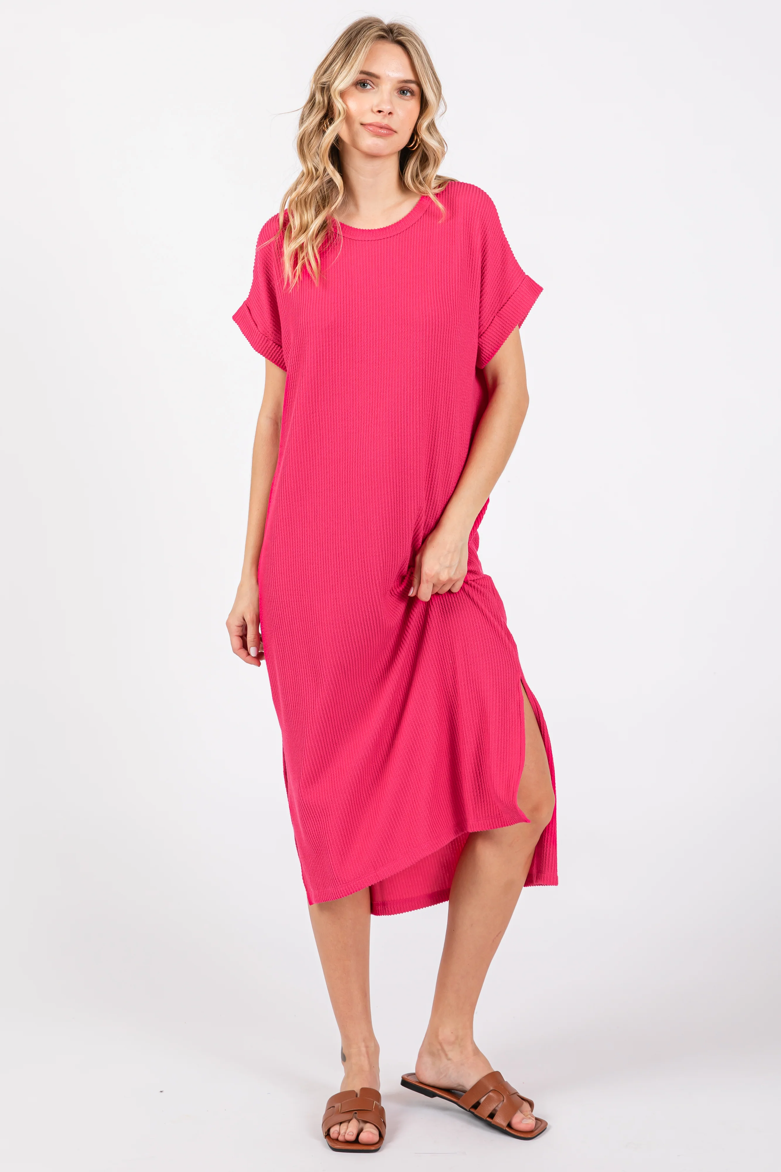 Fuchsia Ribbed Short Sleeve Maternity Midi Dress - Image 4