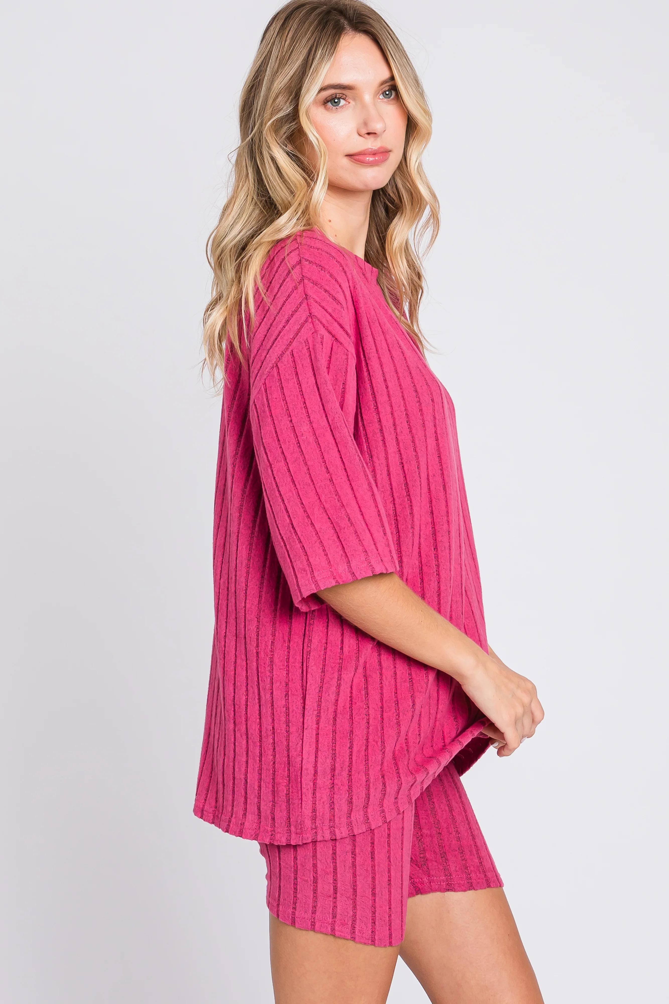 Fuchsia Ribbed Soft Short Sleeve Shorts Set - Image 3