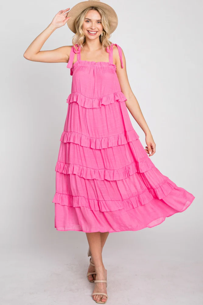 Fuchsia Ruffle Tiered Maternity Midi Dress - Image 9