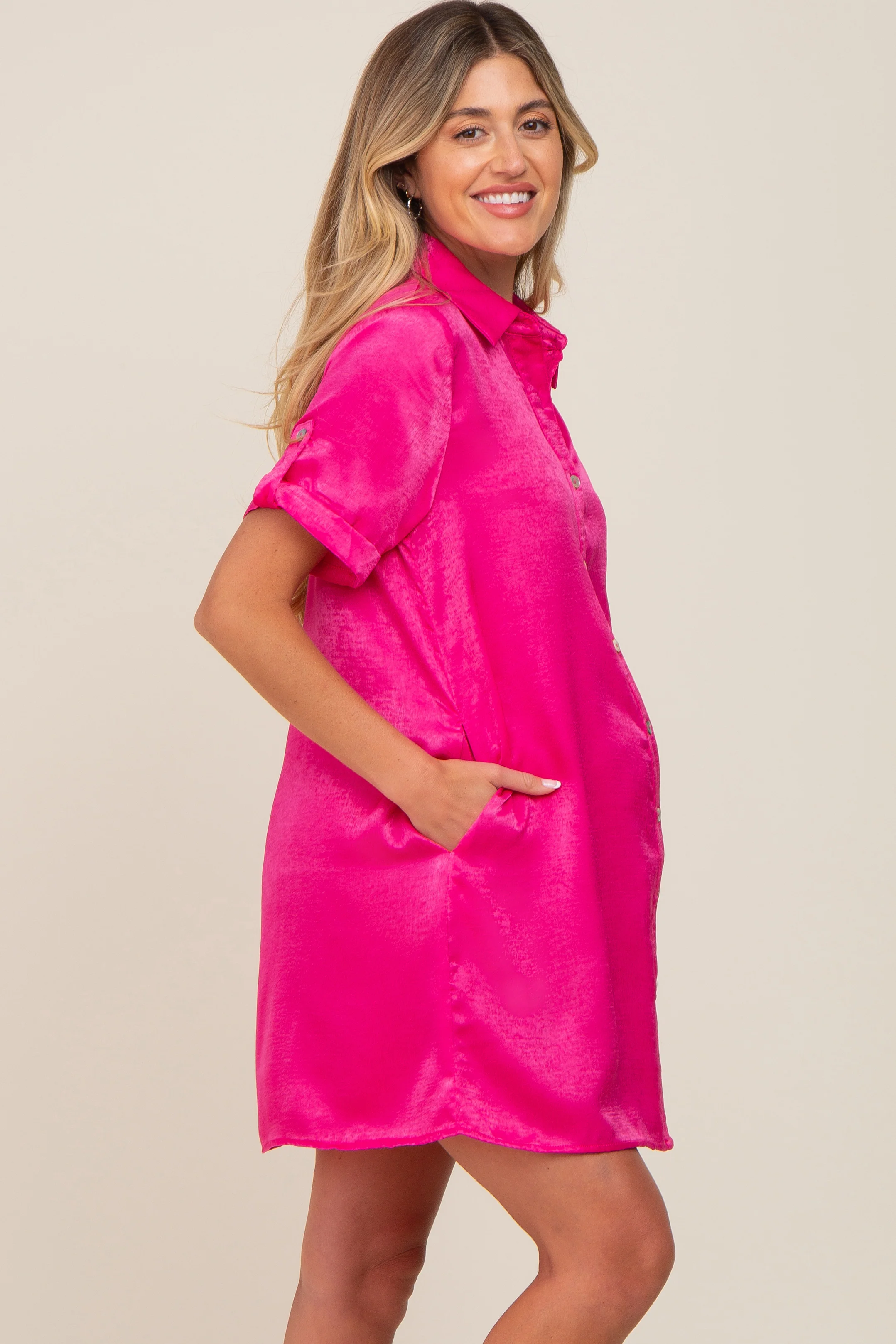 Fuchsia Satin Button Front Short Sleeve Maternity Dress - Image 2