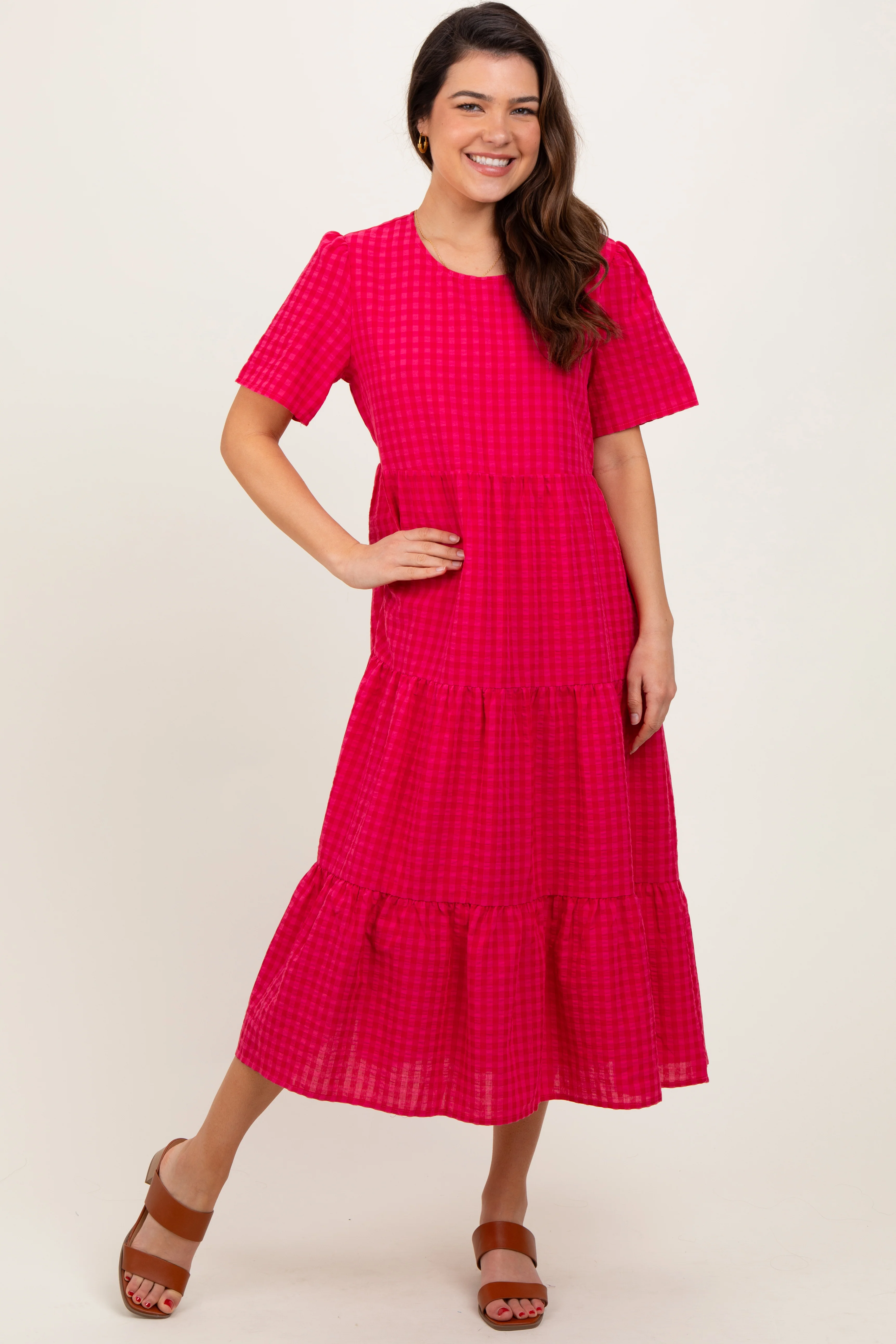 Fuchsia Short Sleeve Tiered Midi Dress - Image 2