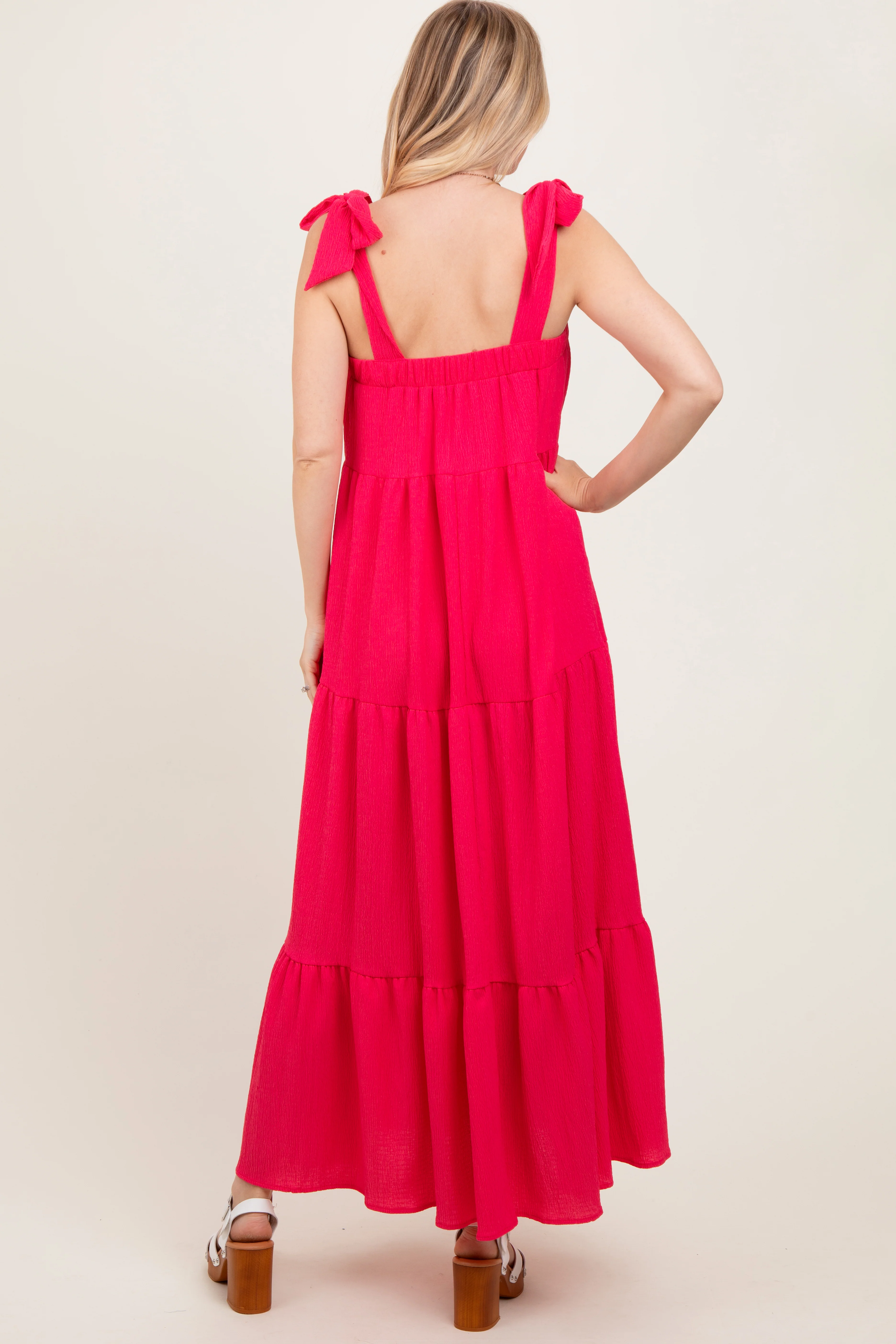 Fuchsia Shoulder Tie Tiered Maxi Dress - Image 4