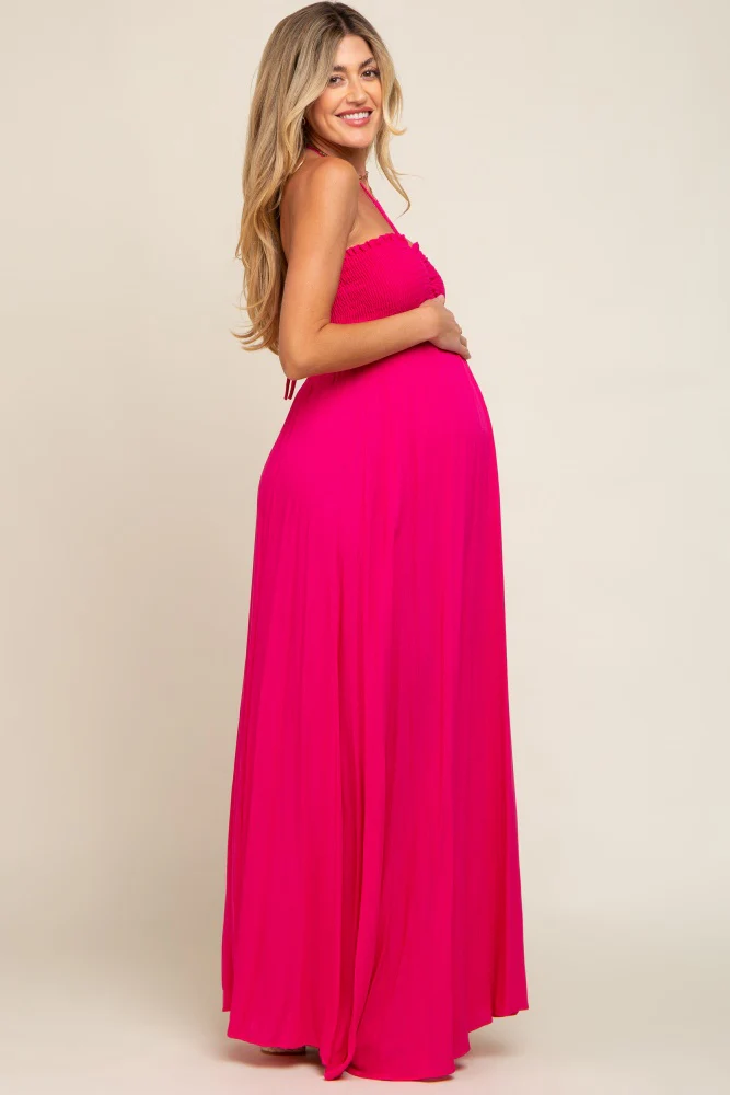 Fuchsia Smocked Halter Maternity Maxi Dress - Image 2