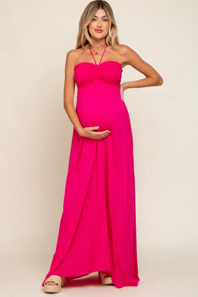 Fuchsia Smocked Halter Maternity Maxi Dress - Image 5