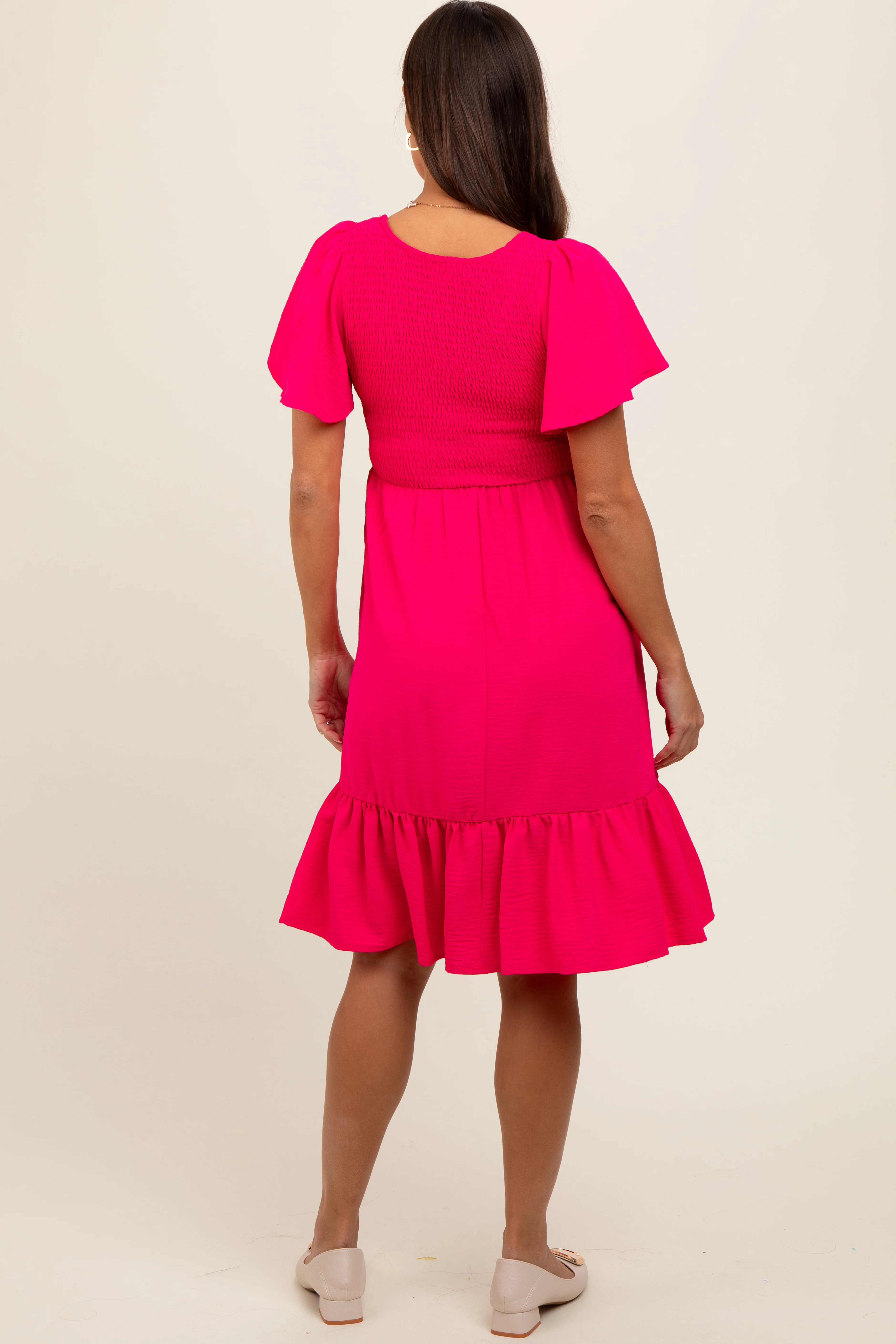 Fuchsia Smocked Ruffle Hem Maternity Dress - Image 3