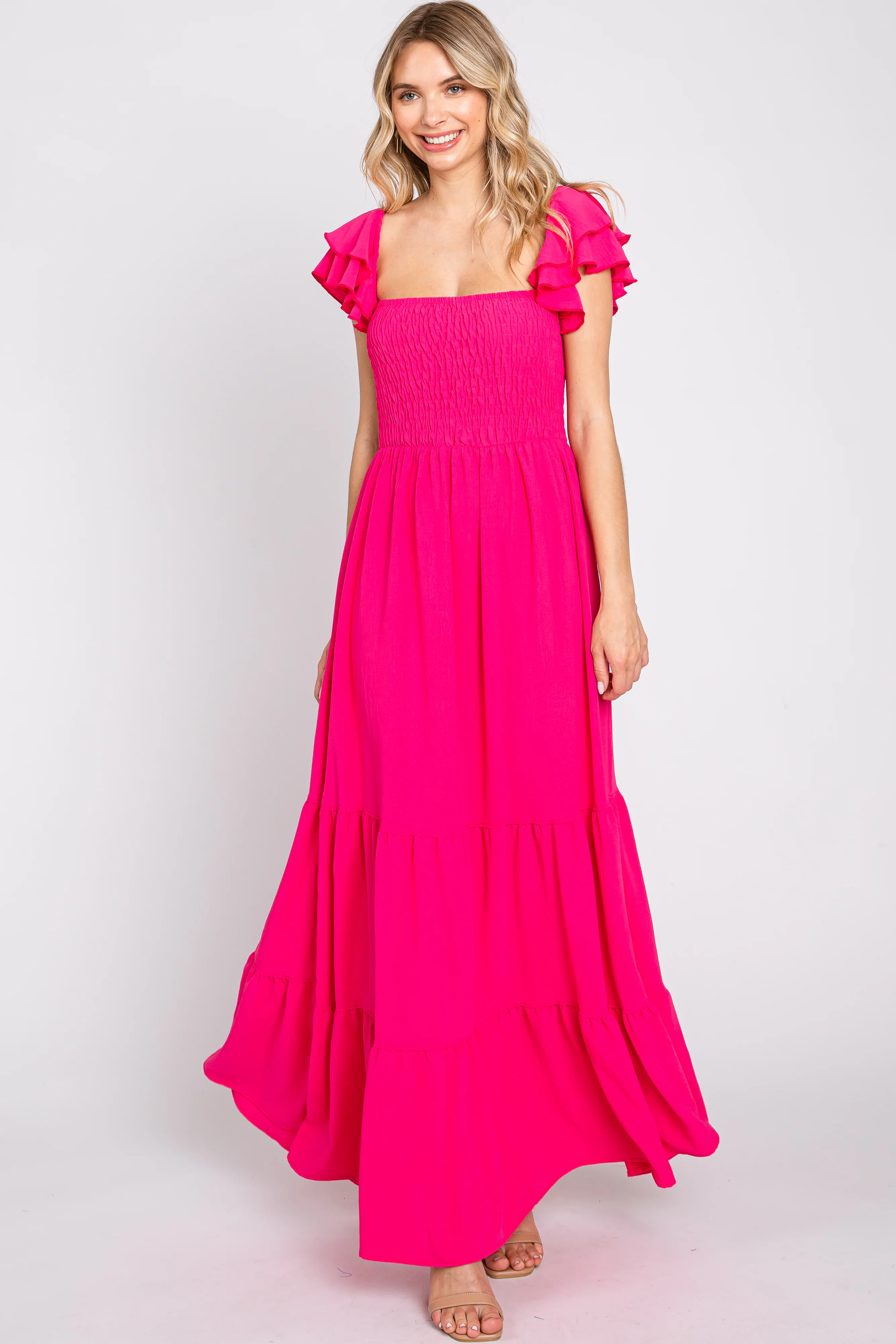 Fuchsia Smocked Ruffle Off Shoulder Tiered Maternity Maxi Dress - Image 5