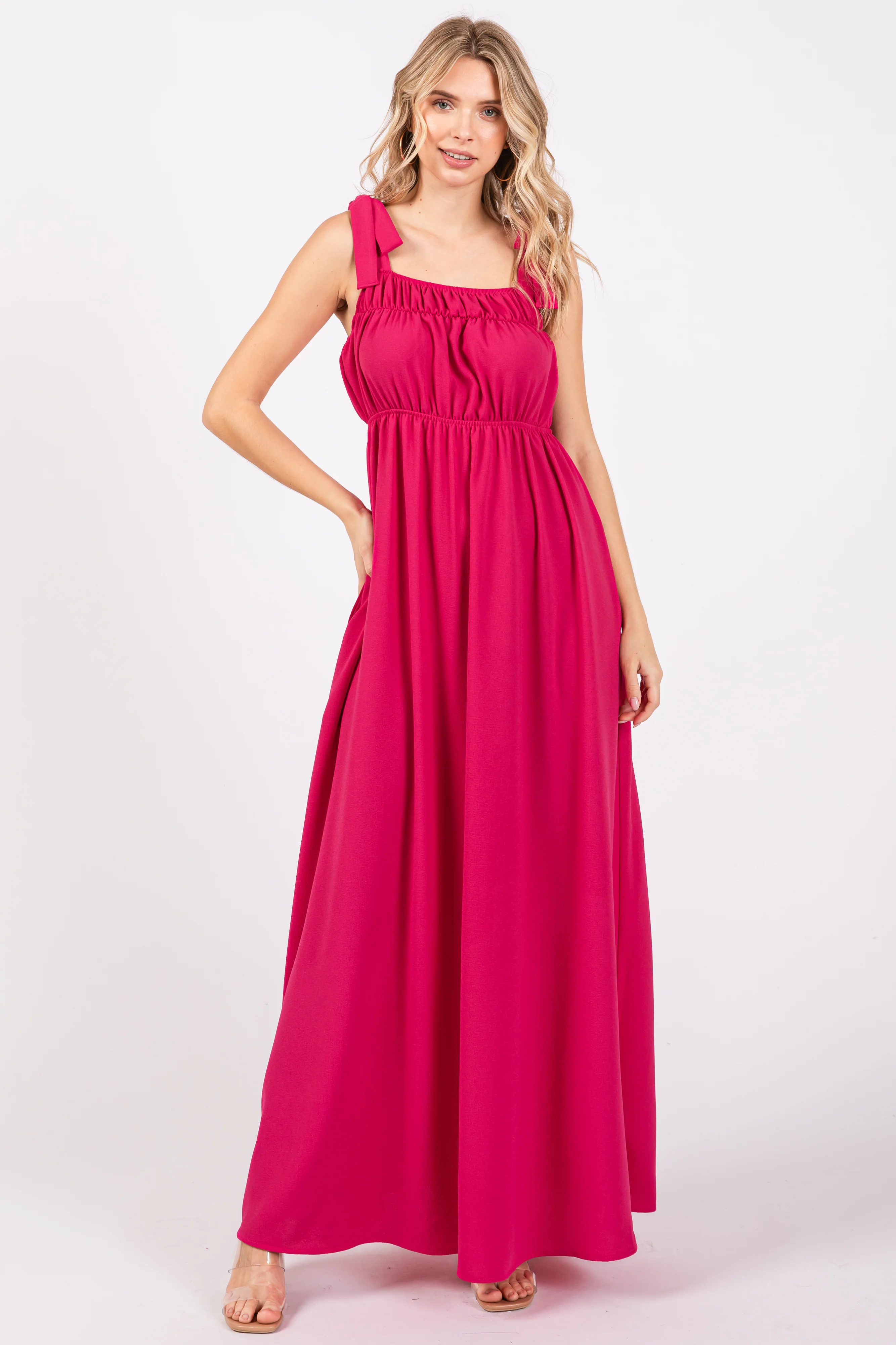 Fuchsia Square Neck Shoulder Tie Maternity Maxi Dress - Image 4