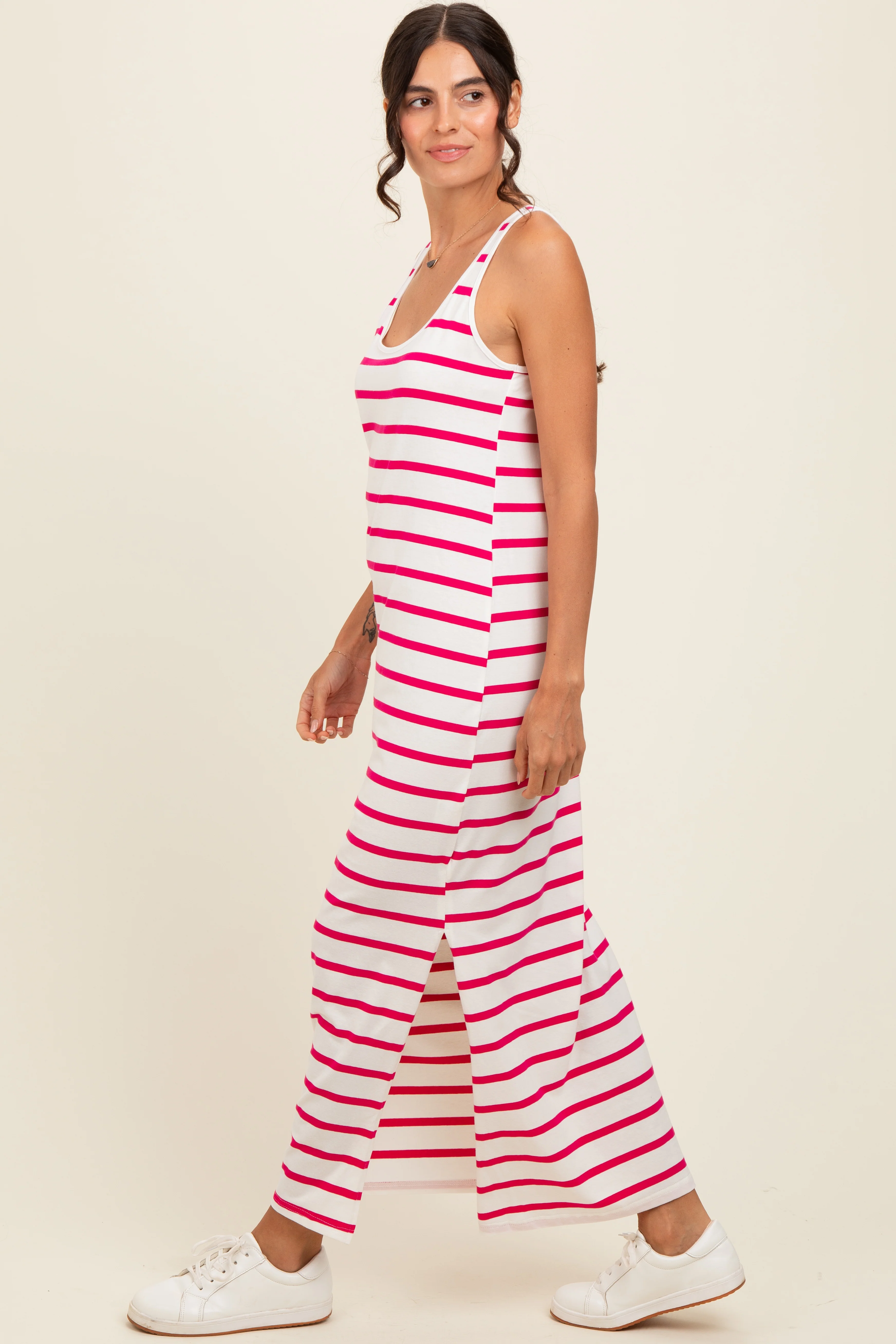 Fuchsia Striped Sleeveless Side Slit Maxi Dress - Image 3