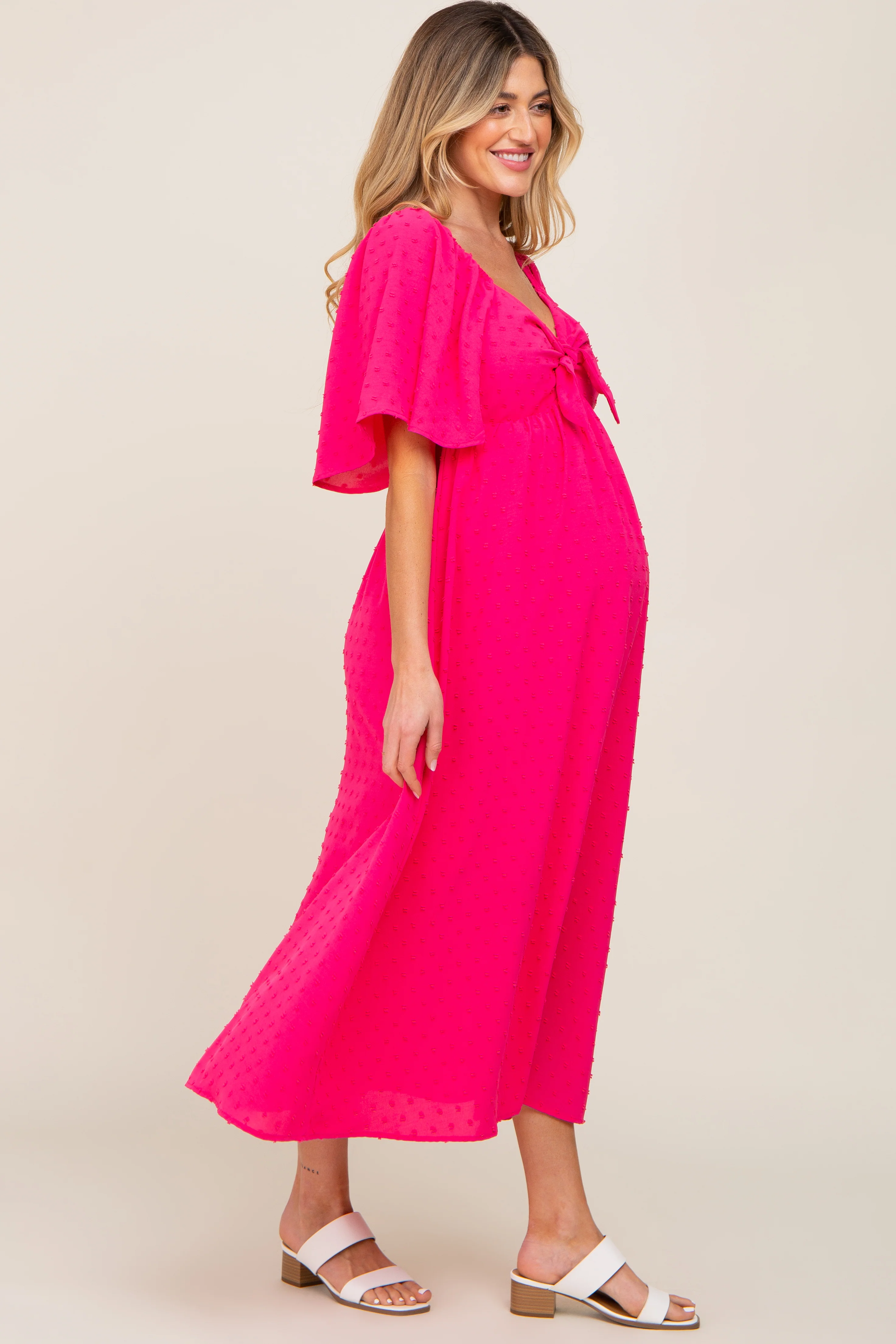 Fuchsia Textured Dot Front Tie Ruffle Sleeve Maternity Midi Dress - Image 2