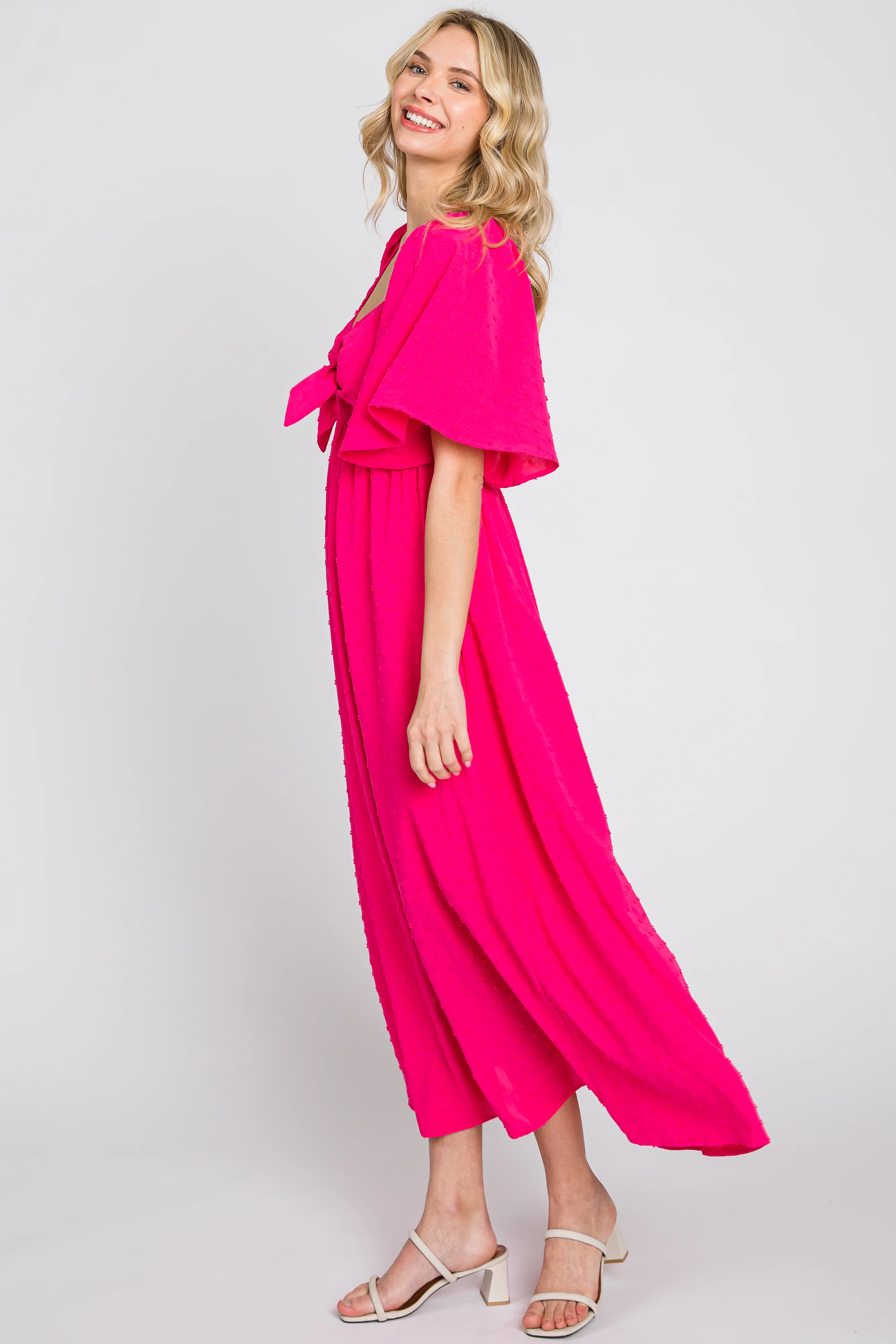 Fuchsia Textured Dot Front Tie Ruffle Sleeve Midi Dress - Image 2