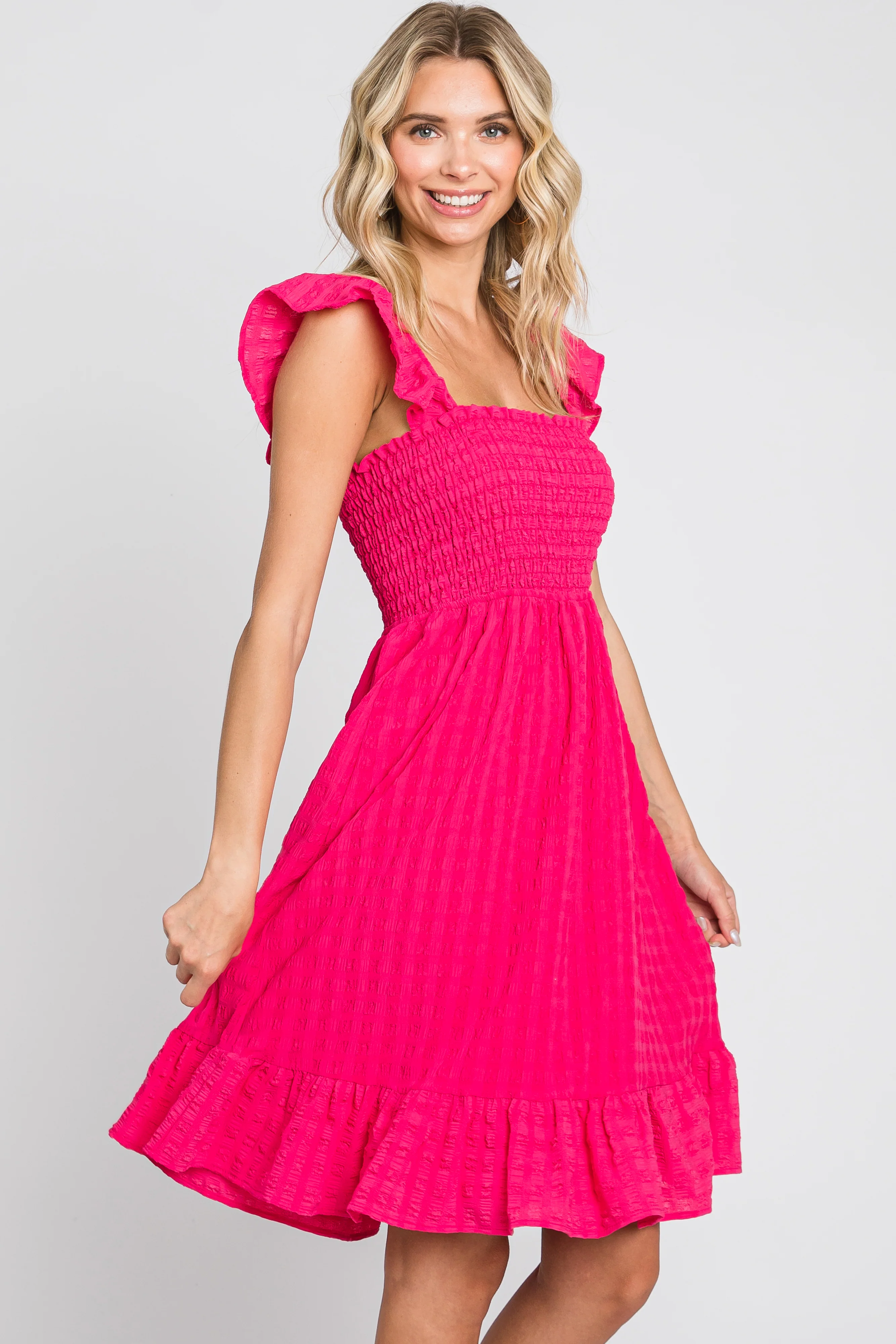Fuchsia Textured Sleeveless Smocked Dress - Image 2