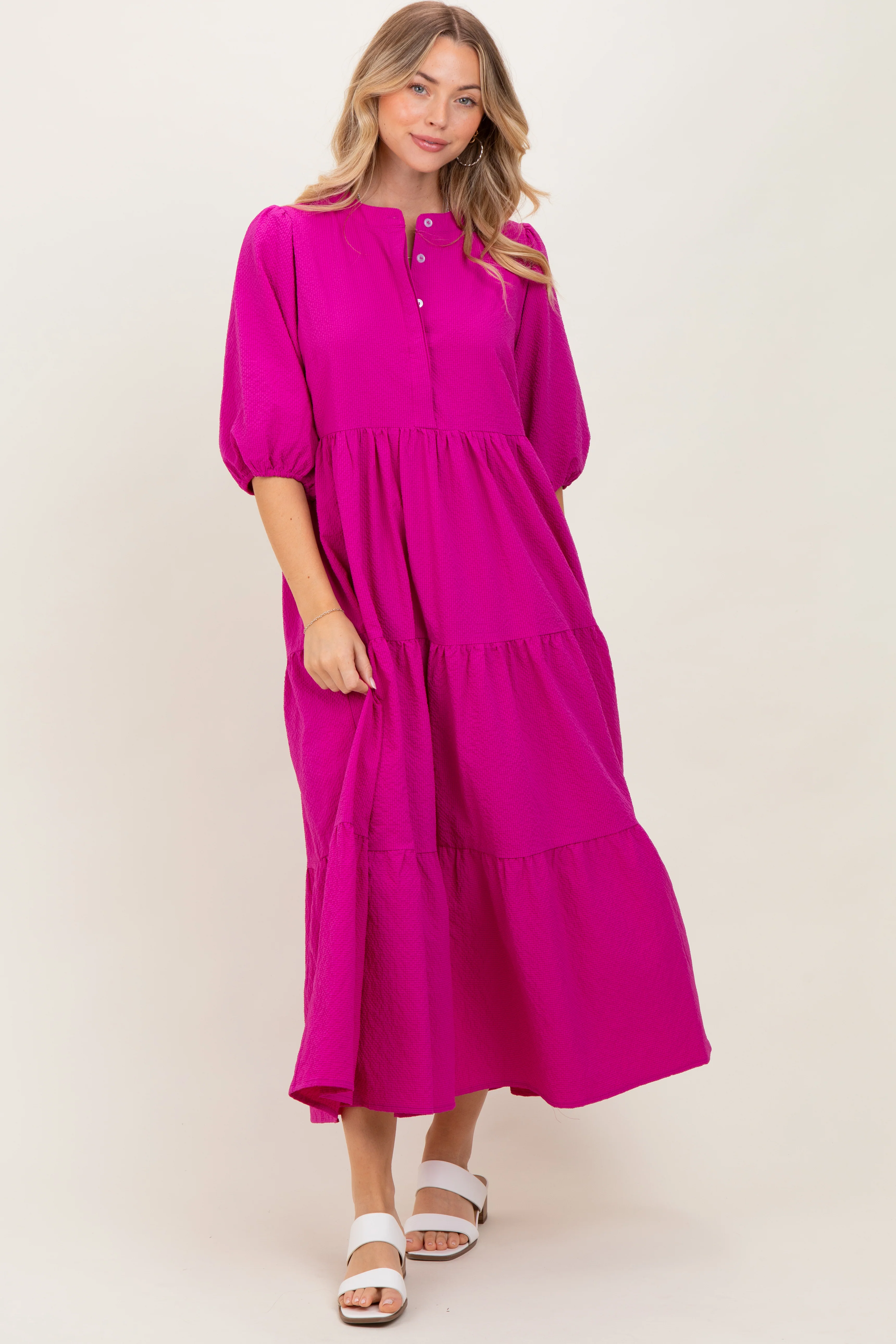 Fuchsia Textured Tiered Puff Sleeve Maternity Midi Dress - Image 4