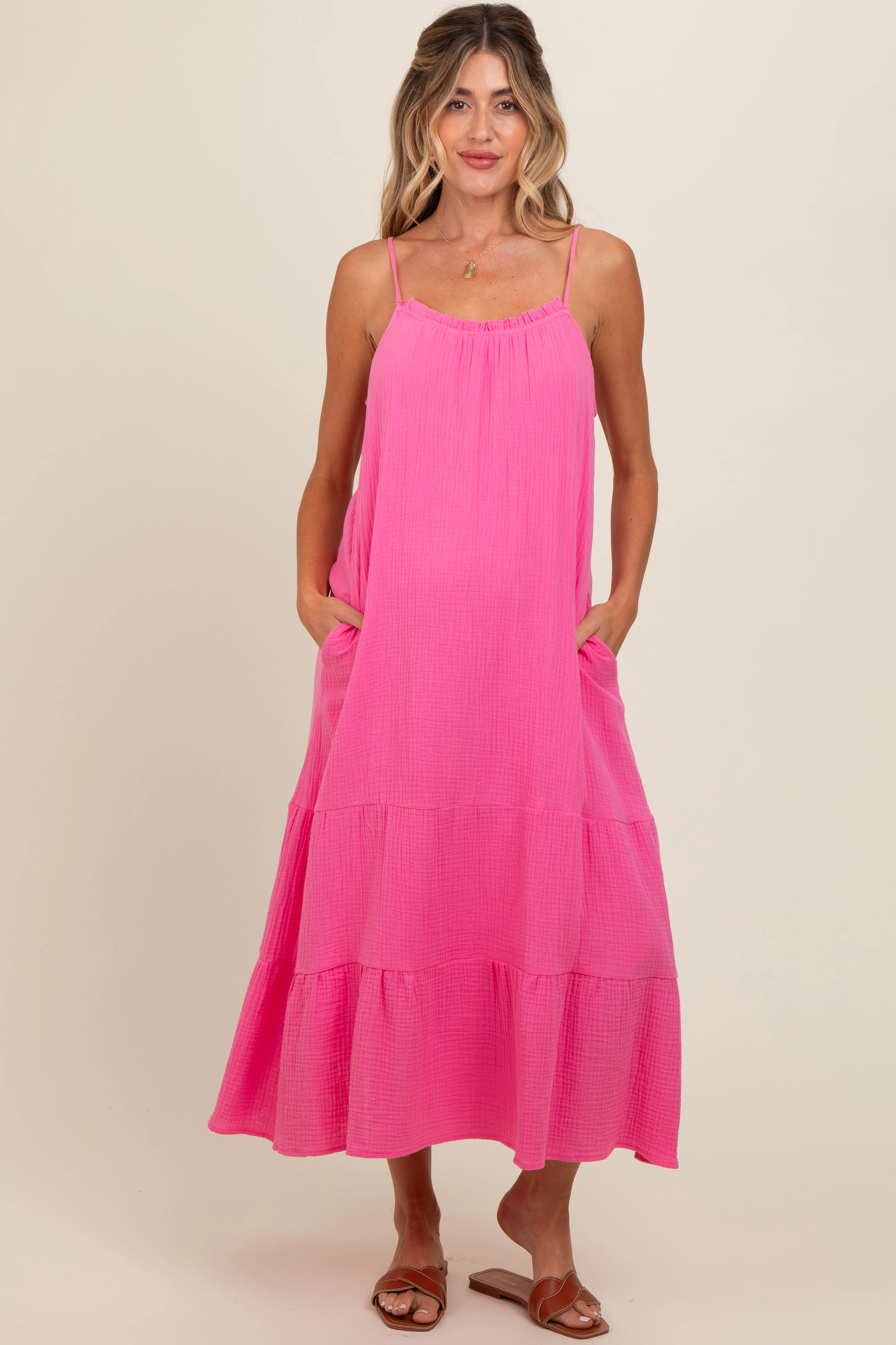 Fuchsia Tiered Hem Maternity Midi Dress - Image 2
