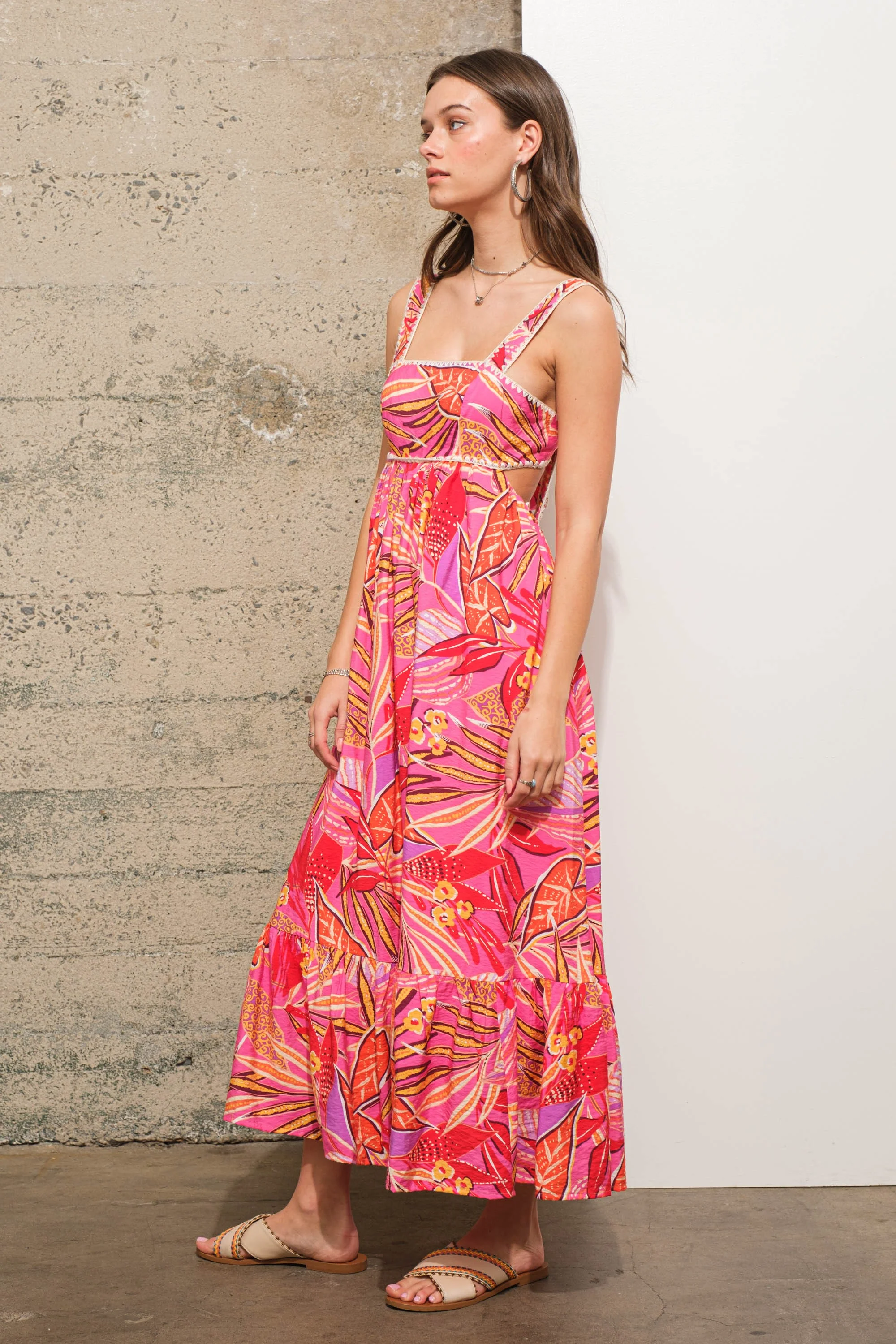 Fuchsia Tropical Back Tie Cutout Maxi Dress - Image 2