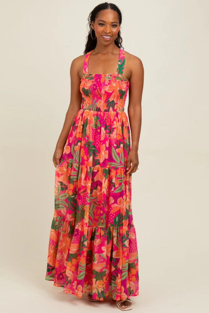Fuchsia Tropical Print Smocked Crisscross Open Back Maternity Maxi Dress - Image 4