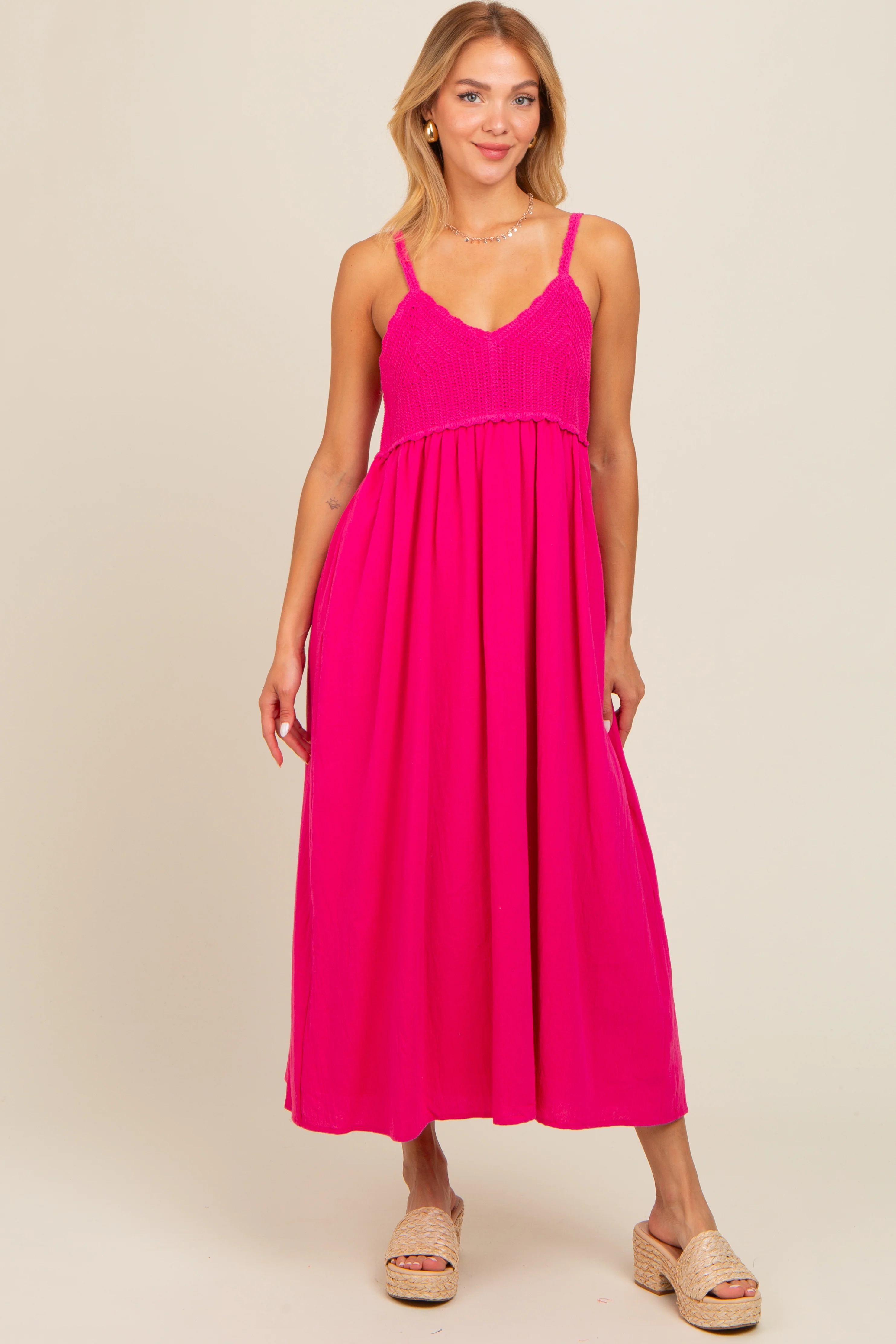 Fuchsia V-Neck Crochet Top Maternity Midi Dress - Image 5