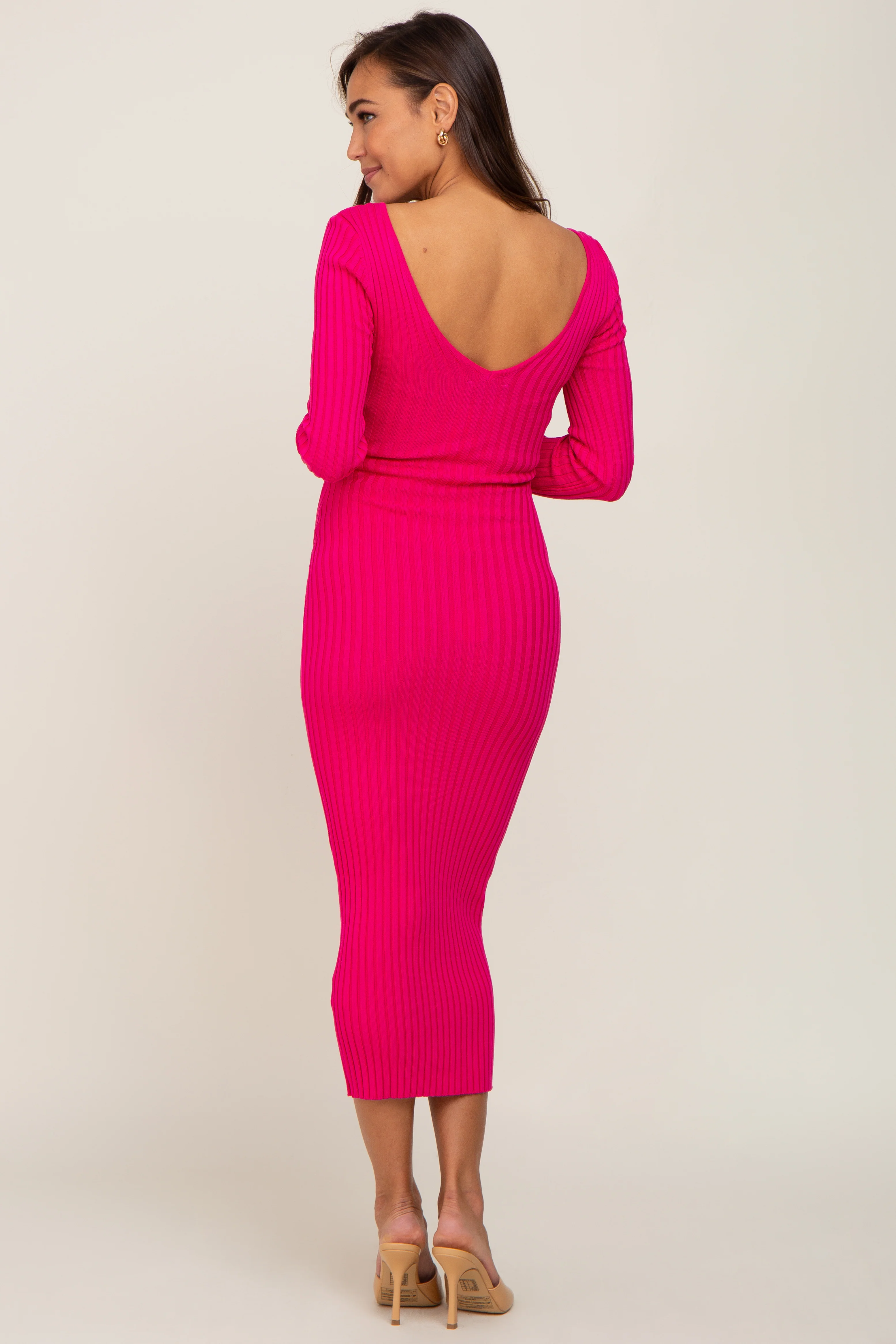 Fuchsia V-Neck Long Sleeve Fitted Maternity Maxi Dress - Image 3