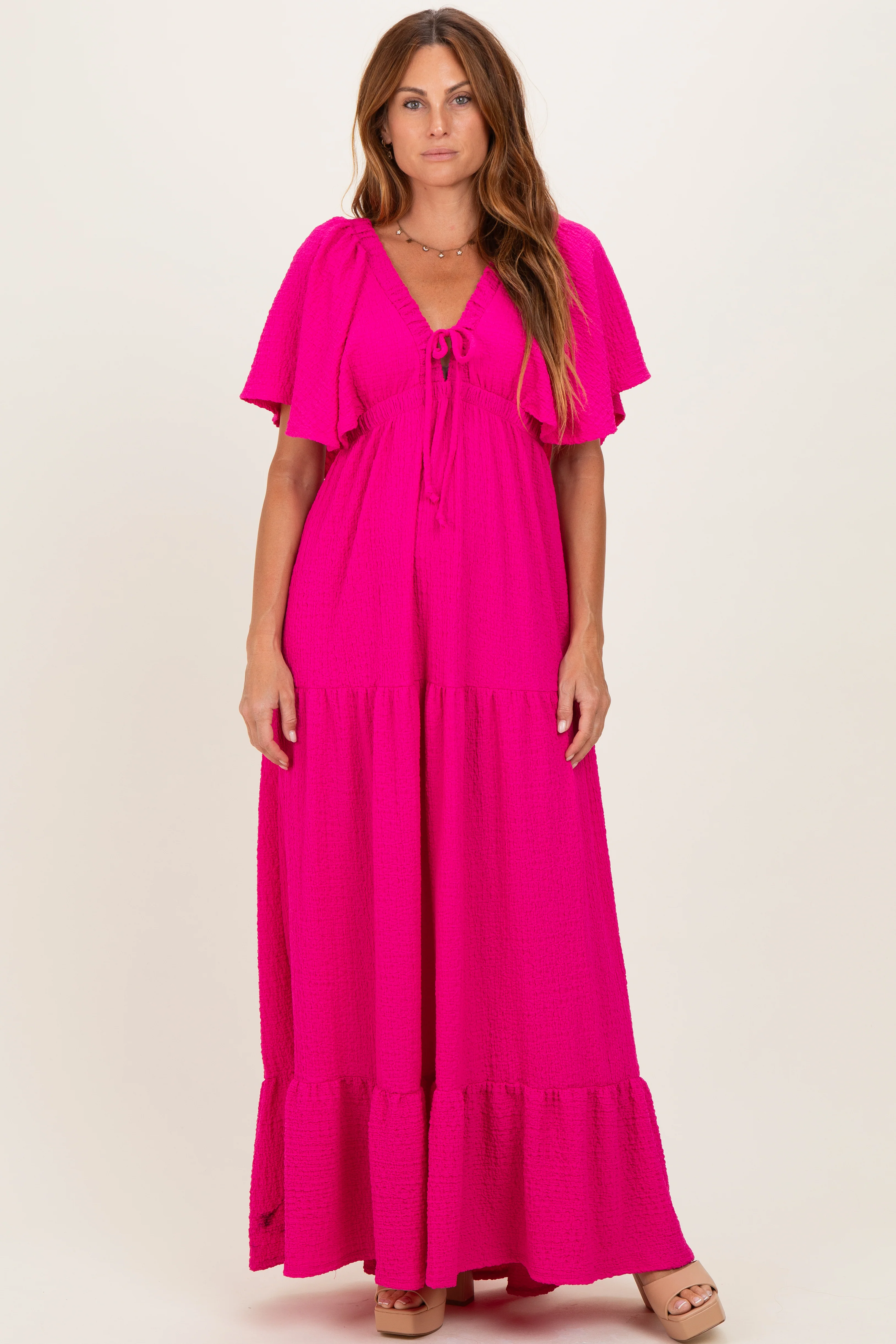 Fuchsia Woven Textured Flutter Sleeve V-Neck Tiered Maternity Maxi Dress - Image 4