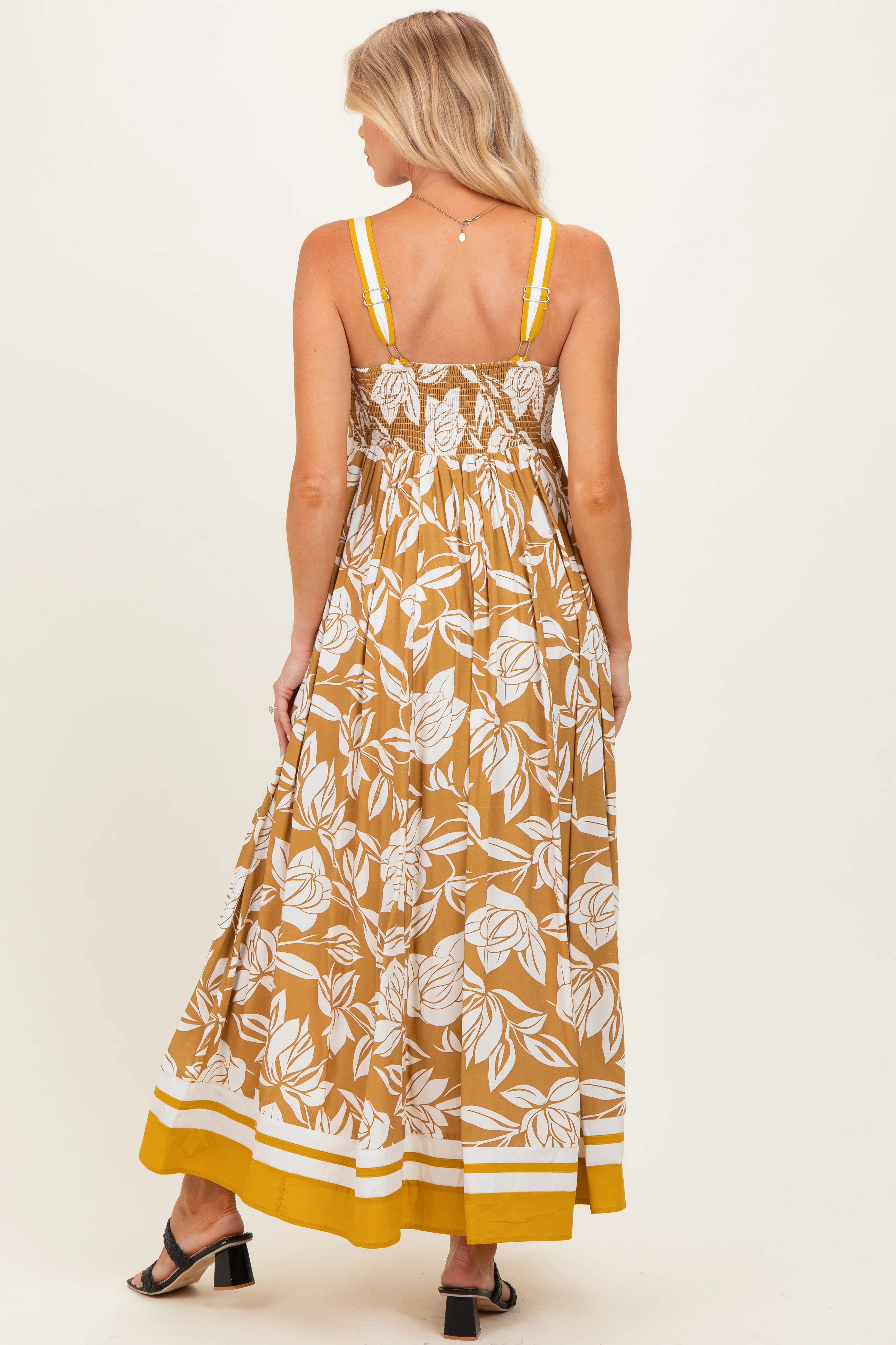 Golden Yellow Floral Sleeveless Maternity Maxi Dress - Image 3