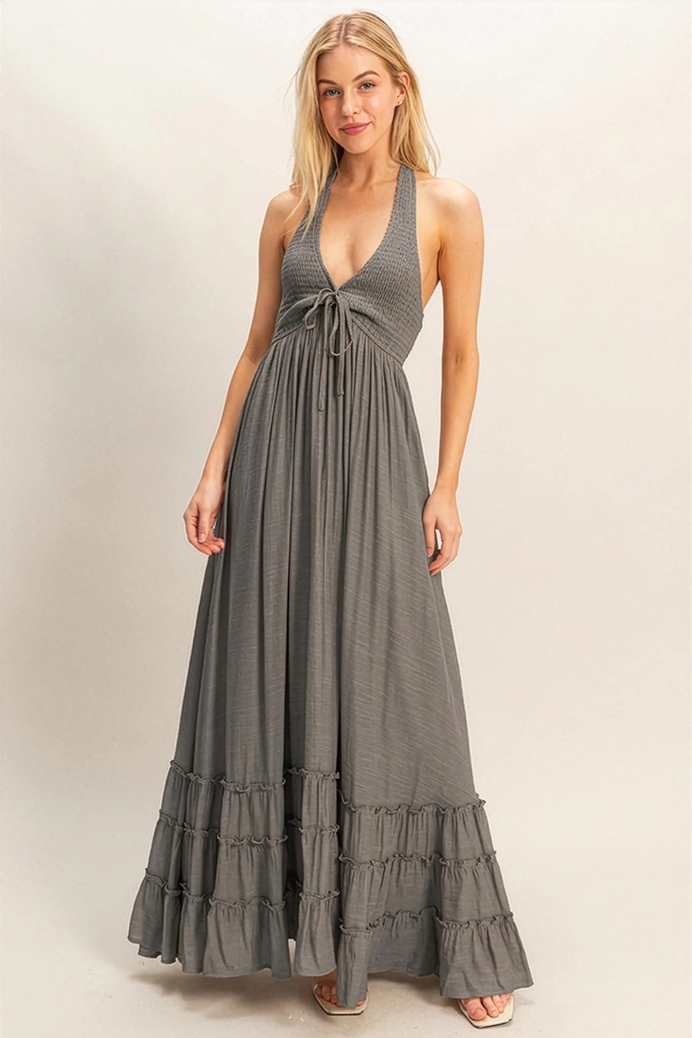 Gray Halter Neck Smocked Maxi Dress
