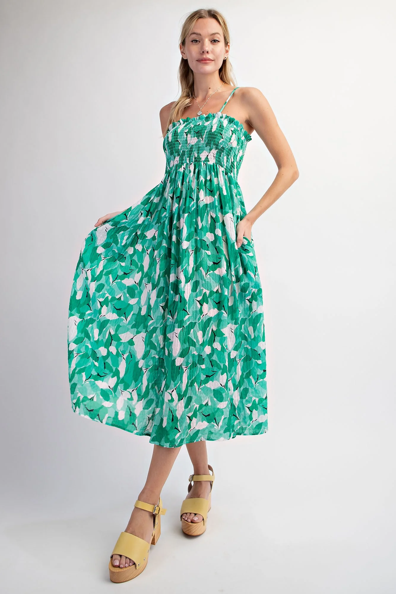 Green Abstract Floral Smocked Maternity Midi Dress - Image 4