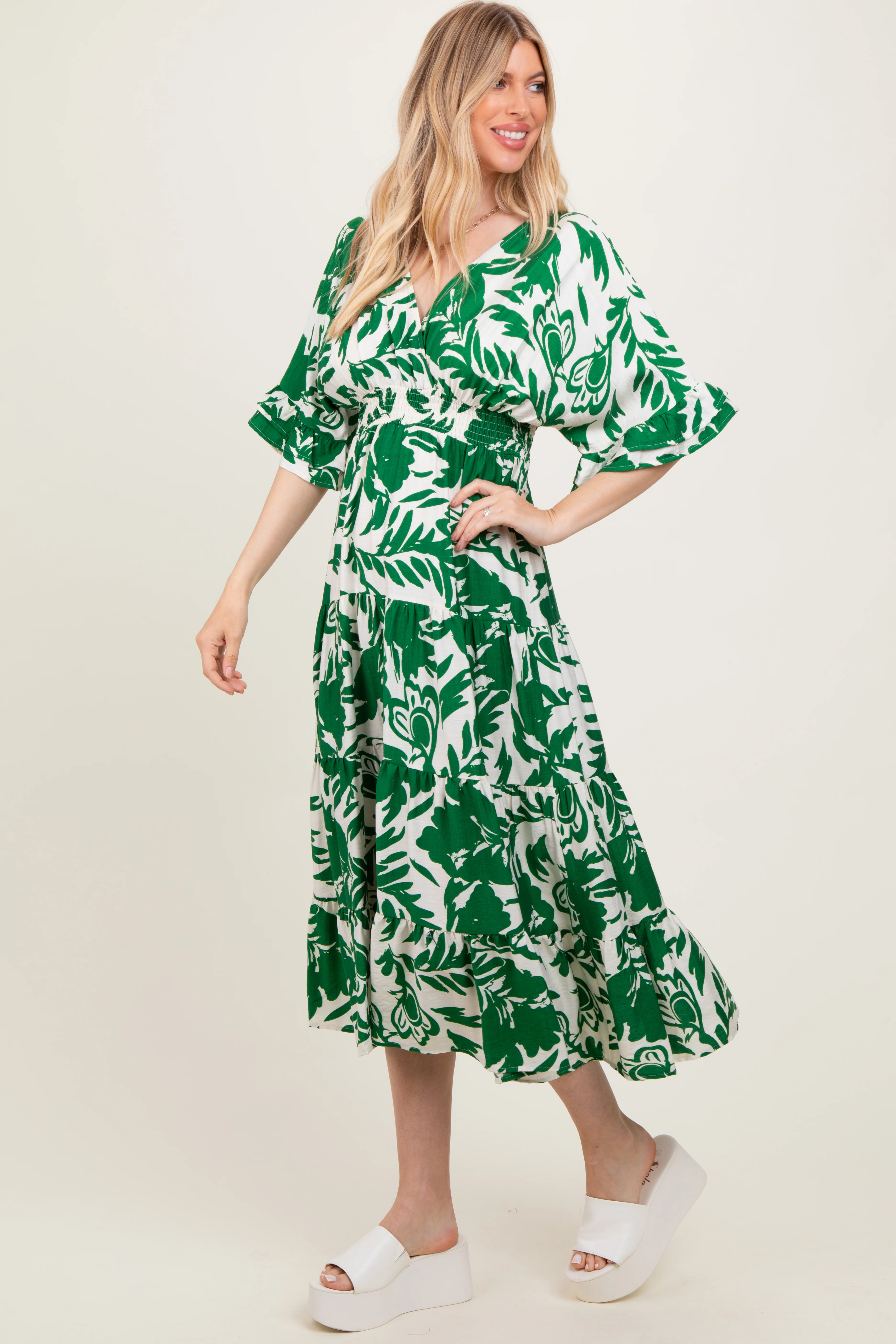 Green Abstract Floral V-Neck Tiered Midi Dress - Image 3