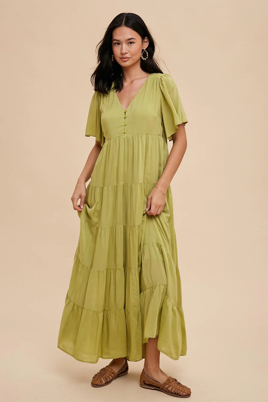 Green Button Detail Tiered Maternity Maxi Dress - Image 4