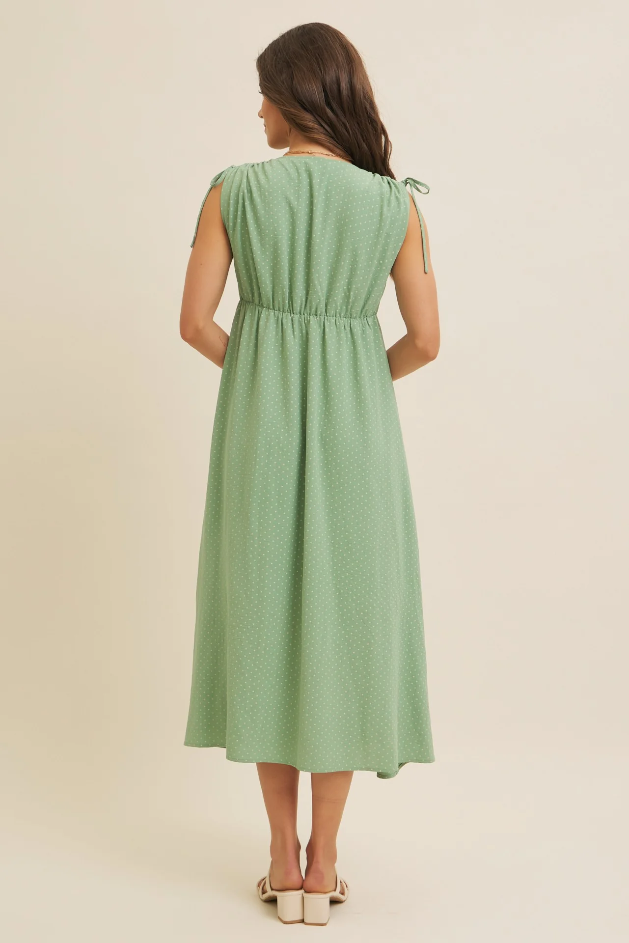 Green Button-Down Polka Dot Shirred Bow Midi Dress - Image 4
