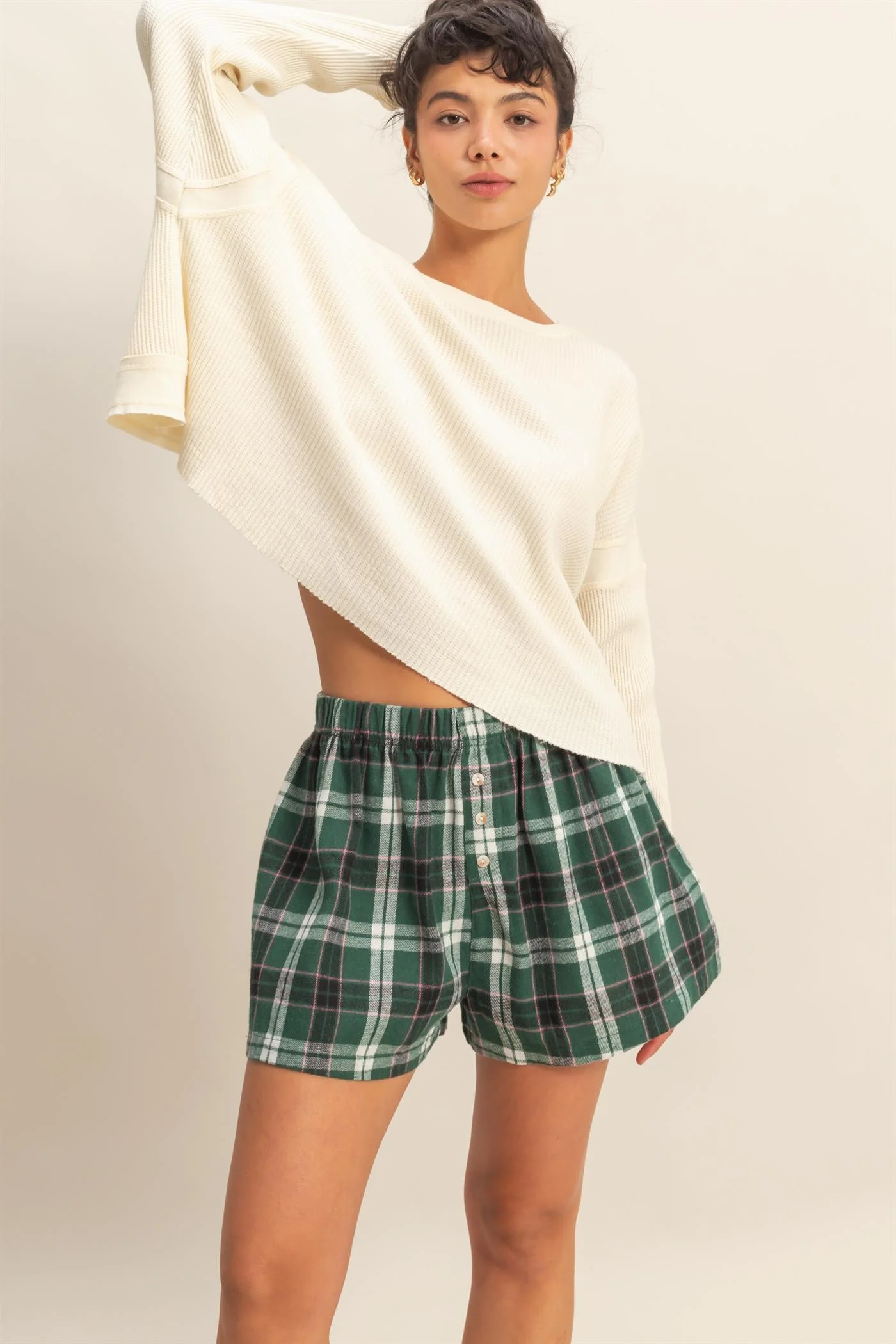 Green Button-Front Plaid Maternity Boxer Shorts - Image 6
