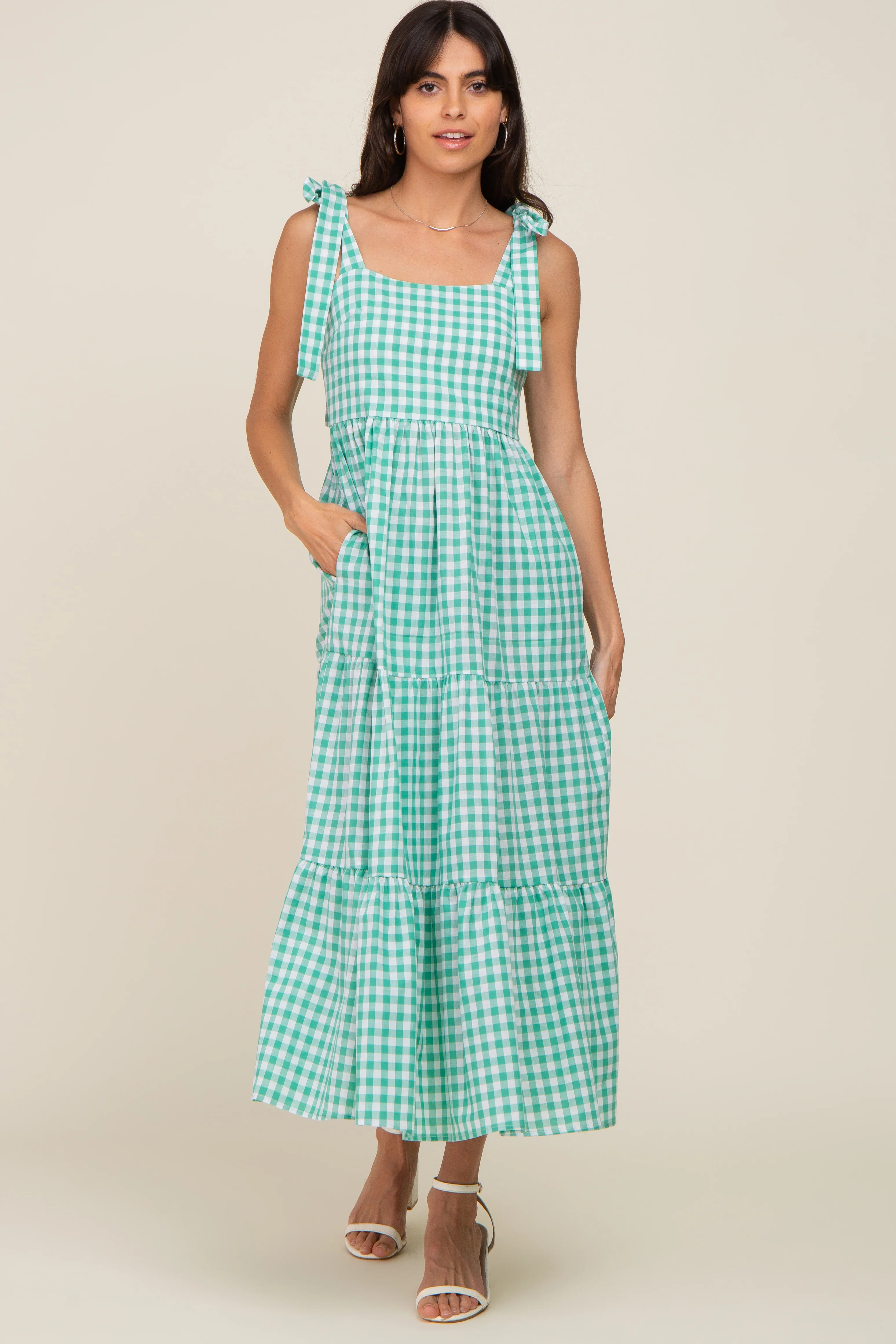 Green Checkered Sleeveless Tiered Maxi Dress - Image 5